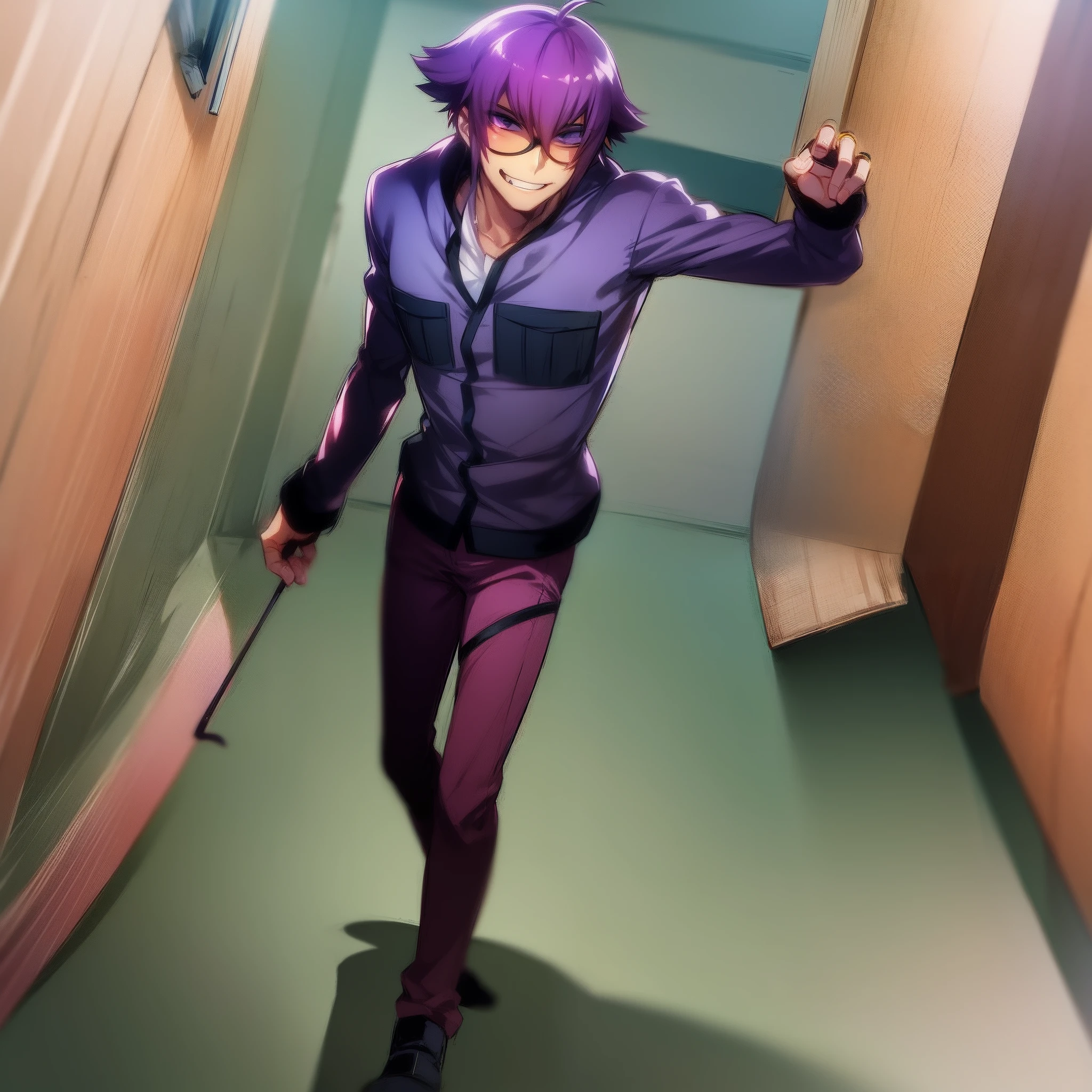 mirokujiyuuya, yanke, short hair, purple hair, , hippi glass, vest, pants, ,, pullover, coat, smug, standing, solo focus, full body, walking, city, one character,MFBP1