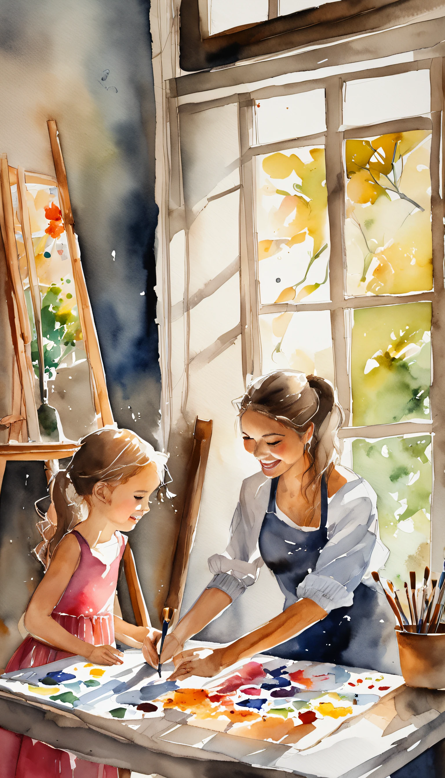 Create an artistic room with beautiful light coming in through the window, mesa com tintas, Brushes, Black mother and daughter painting, sorrindo e se divertindo, bem detalhada a imagem