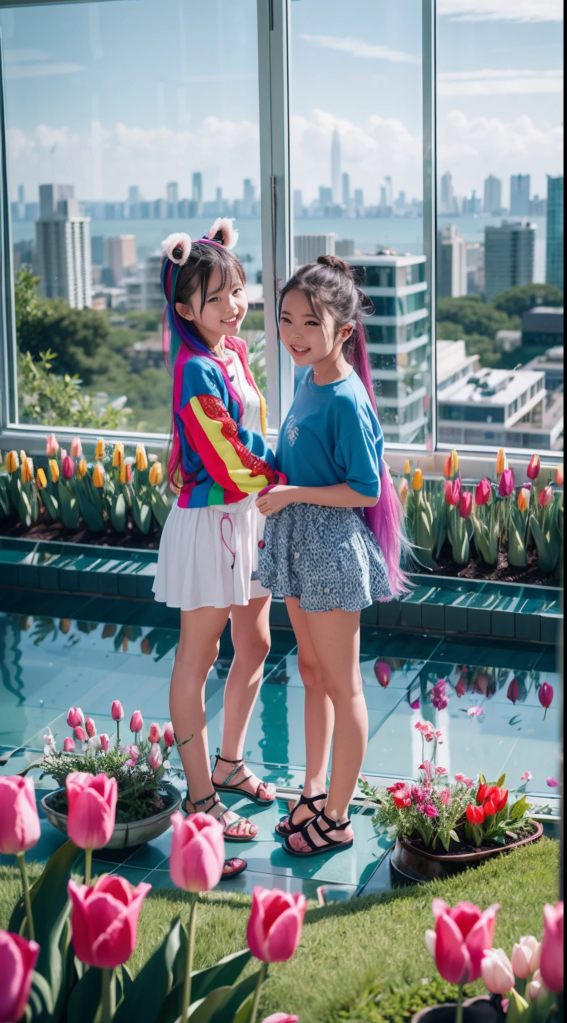 180th floor infinity pool,The tallest building in the urban forest,Around bonsai,Luo Han Song,coconut palms,tulips,Rose flower,Tease alpacas to play,There were five little girls wearing openwork translucent stockings,Pouting and smiling,is shy,Pinch your colorful hair, vivid vivid colors, multicolored clothing, Cut a tattered T-shirt, vibrant color details, Vibrant and dynamic, bright vibrant colors, multicolored clothing, rich and vivid colors, vivid vivid colors, Vivid and vibrant colors, vibrant tones, colorful outfit, colorful fashion, vivd colour, vivid and vibrant