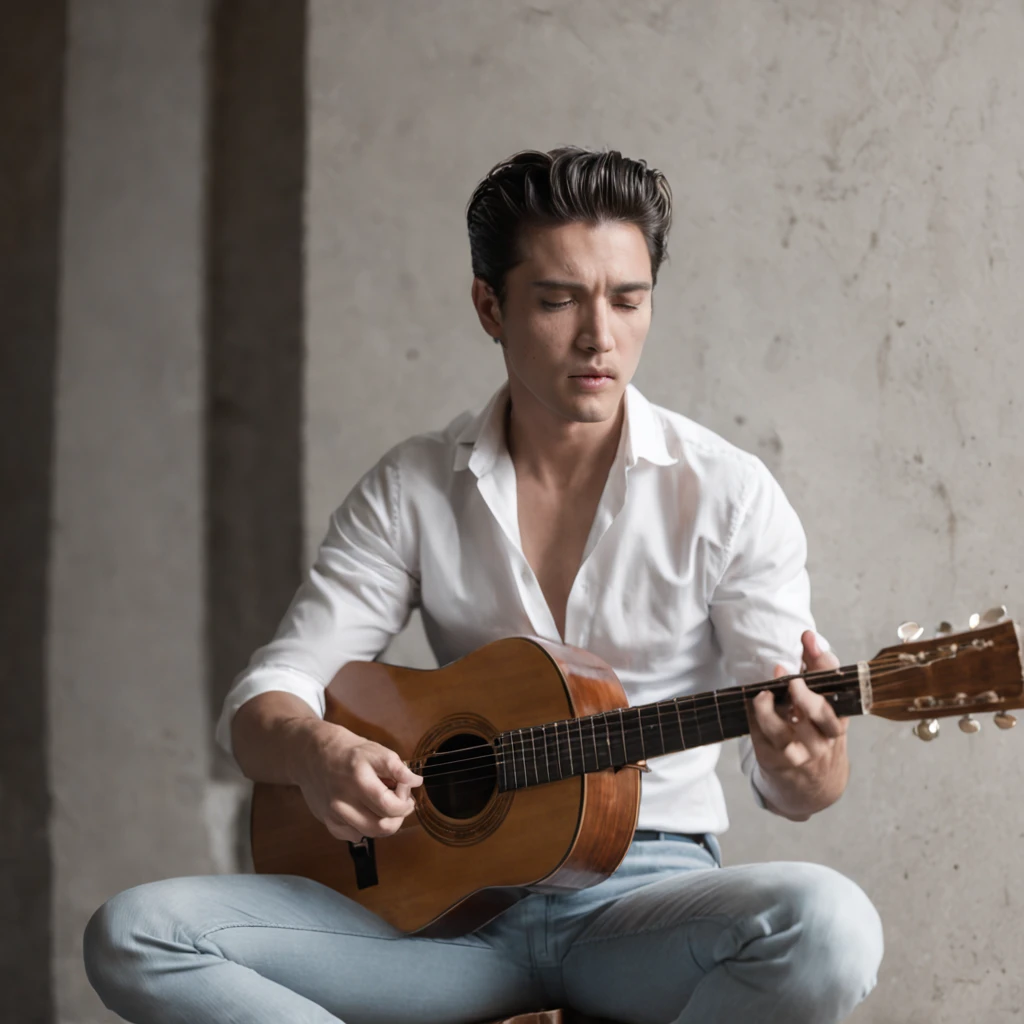 elvis presley, A man in a white shirt is sitting on the floor with his back against a wall... He's playing an acoustic guitar, holding it close to your body and strumming the strings with one hand while pressing them with the other. His eyes are closed as he concentrates on creating music., And his facial expression shows that he's deeply immersed in what he's doing... Black and white image highlights the contrast between him and his surroundings., emphasizing how focused he is on making music. Tiene el pelo corto y oscuro que enmarca su cara muy bien., adding to the overall aesthetics of this image.
