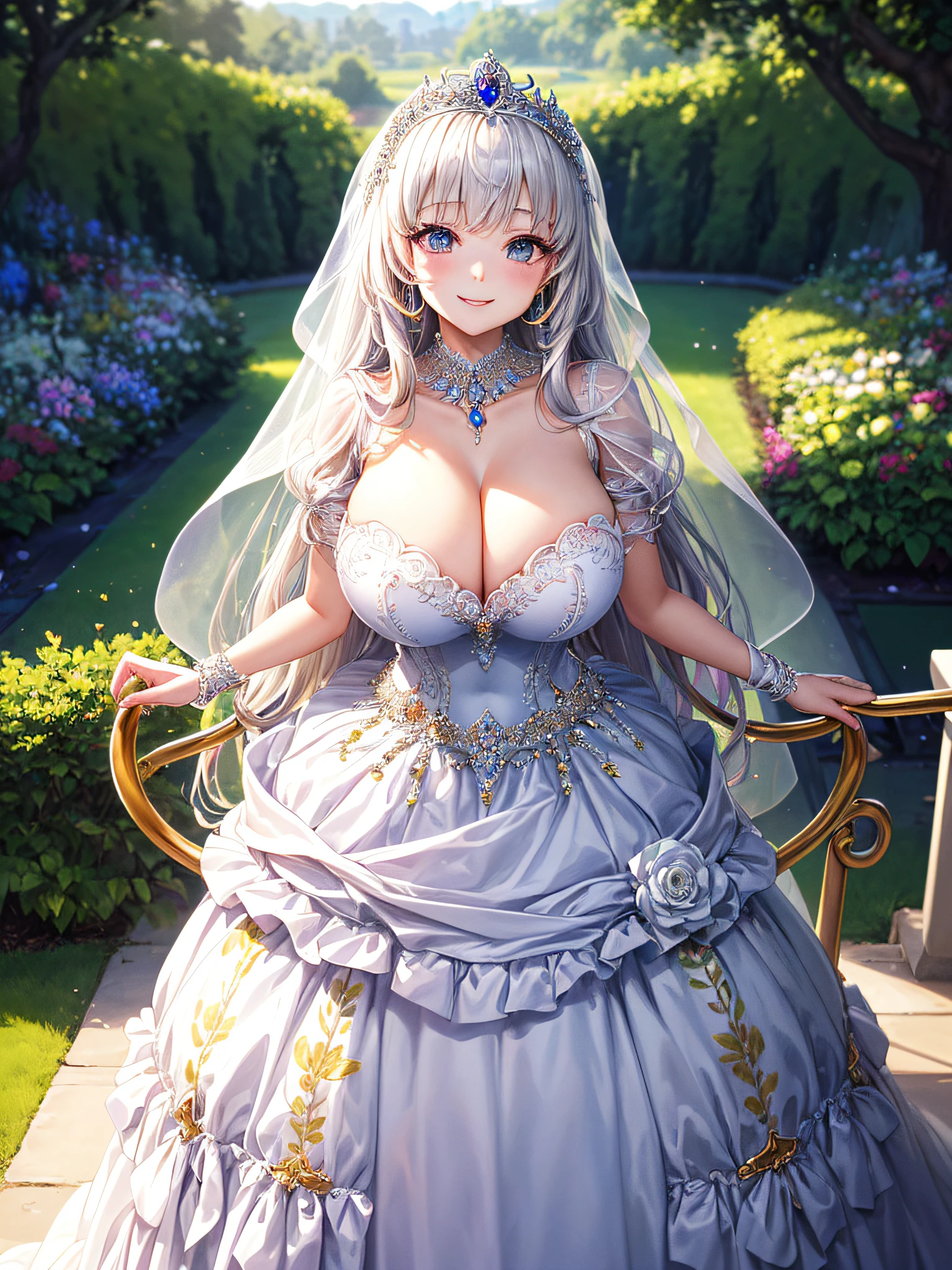 (masterpiece, best quality,extremely detailed,moe anime art style:1.2),1girl, (solo), cute, kawaii,digital art,((1 bling-bling anime princess wearing beautiful embroidery and jeweled gorgeous princess ballgown with voluminous full length hoop skirt)),((crinoline)),long train,voluminous frills,(gorgeous embroidery and beautiful lace),(very gigantic boobs,cleavage,skindentation),((shiny hair,absurdly voluminous straight hair,absurdly Long Hair)),(finely detailed face and eye),clear pupil,smile,extremely gorgeousfull jeweled tiara,(bling-bling extremely gorgeousfull jeweled tiara),((bling-bling gorgeous gemstone jewelry)),long veil,((standing in beautiful garden)),flowers,flower petals flowing,(dynamic angle),((beautiful embroidery and jeweled gorgeous princess ballgown with voluminous full length hoop skirt))