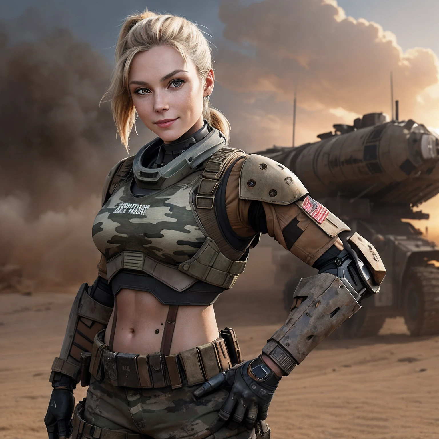 brown colors dieselpunk AI fighter mech rear and in front ofPortrait of American shot, very beautiful woman, blonde, with a ponytail, light gray eyes, sweet face, looks at the camera mischievously, incipient smile, small chest, bending down to pick up the rifle, sexy posture, dressed in a camouflaged bikini and miniskirt in earth and brown tones, Armored Robot, apocalyptic zone, Mad max.