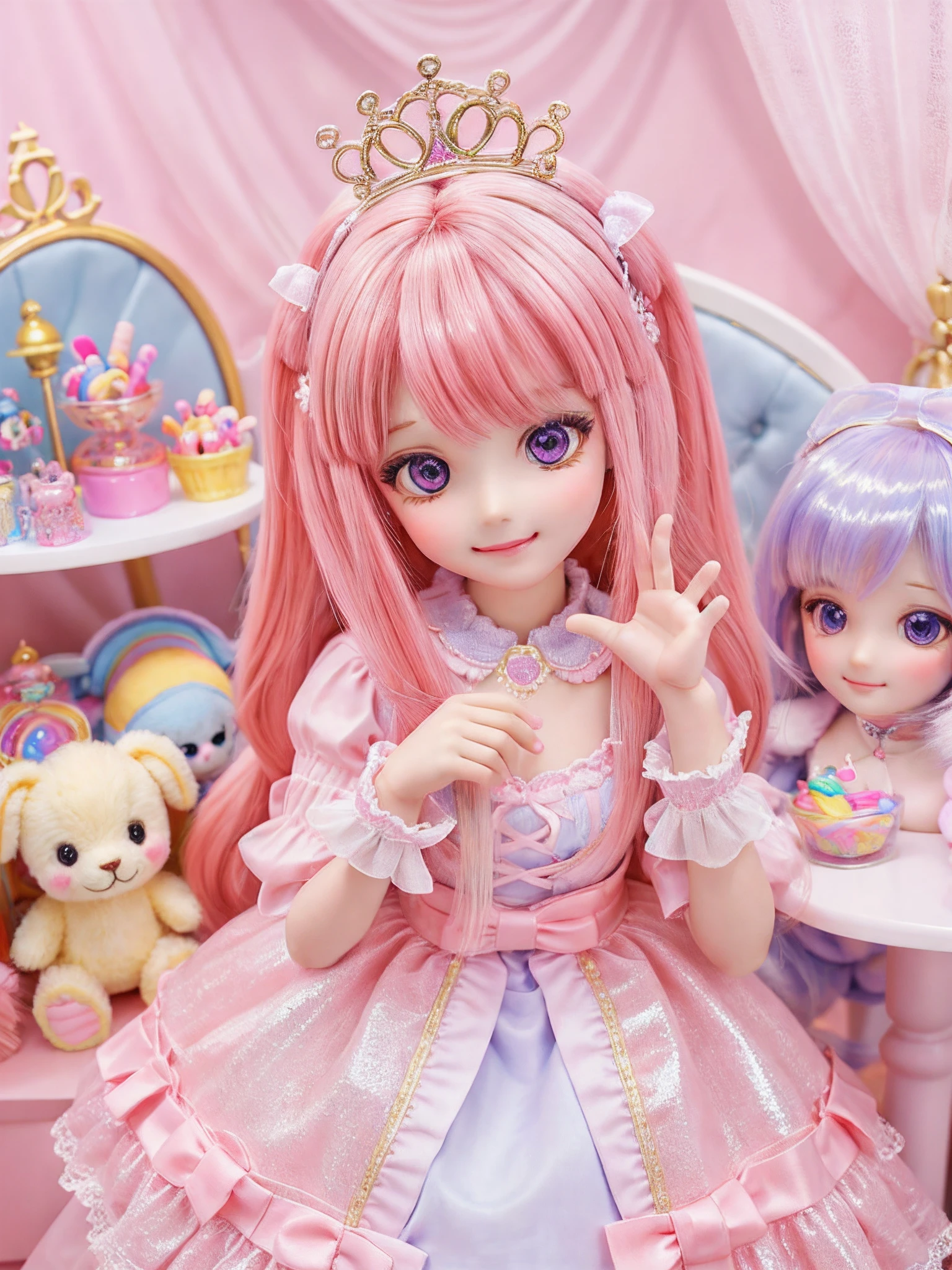 （Barbie pink background），barbiecore，adolable，is shy，Confectionery，Candy World，toys，Buble，dream magical，inside in room，shiny，Toys for girls，Plush toy a princess，cabellos largos dorados，Kizi，delicated face