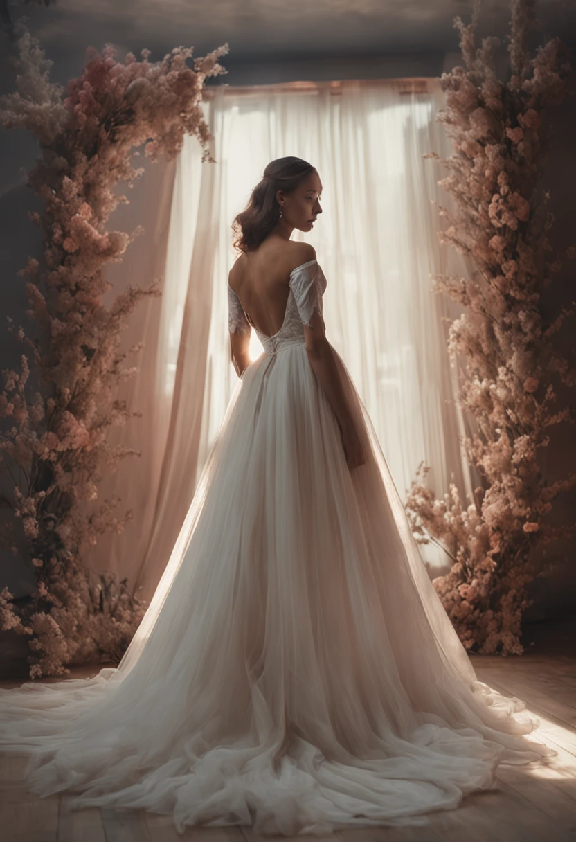 Alafid woman in wedding dress standing behind the stage,Prepare for waiting, Renaissance, with a thin waist, Ethereal!!! Ultra photo realsisim, Femme, shoulder in front pose, wearing long gown, ethereal fairytale, photoshoot, Romantic dress, magical dress, wearing organza gown, Women's long skirt, ethereal back light,OilPaintStyle,Biased towards Monet