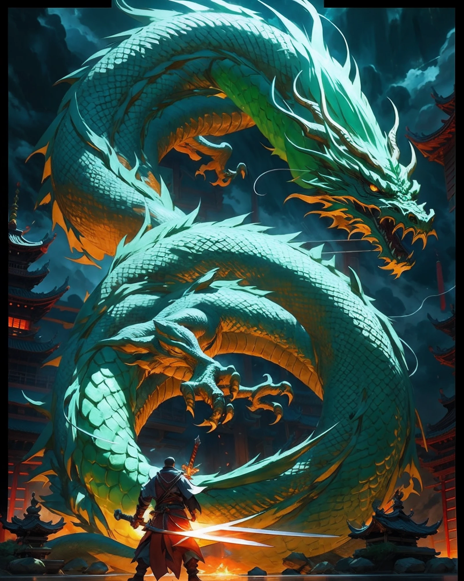 a man holding a sword in front of a dragon, playstation 5 screenshot, detailed anime character art, controlling shadows, monk, massive energy storm, chinese artist, dim lantern, 2 d cg