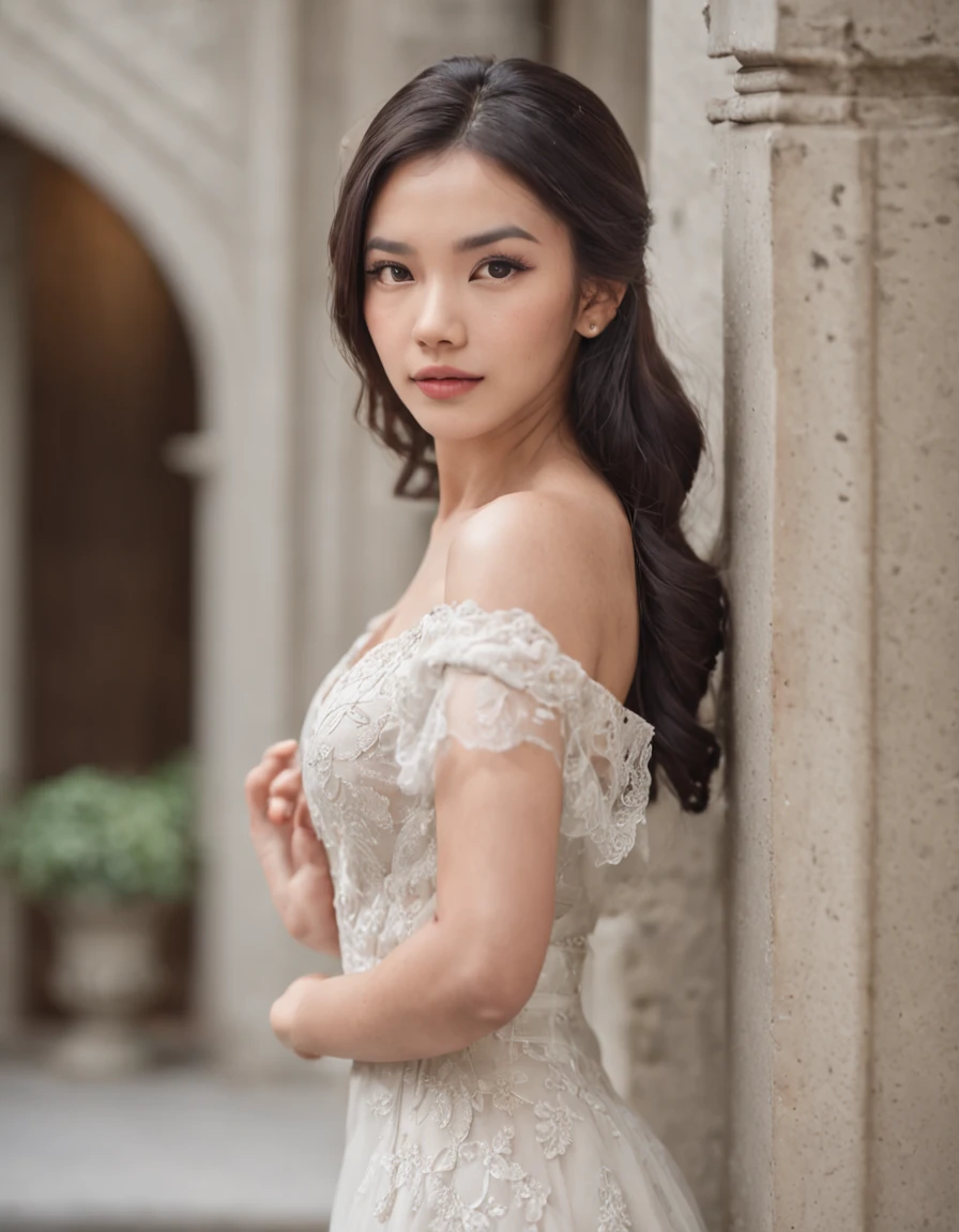 potrait, Best quality, masterpiece, ultra high res, beautiful indonesian women 25 years old, black hair,, wearing white long bridal, europe style , very feminine and attractive, stand on hallway classic building, with classic lamp, europe building style, depth blur, bokeh, classic cinematic grading, fantasy pose, dynamic pose, f 2.8 85mm lens