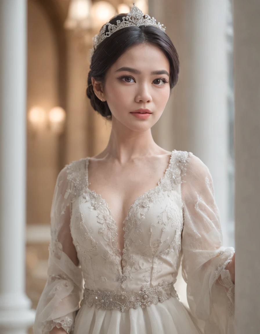 potrait, Best quality, masterpiece, ultra high res, beautiful indonesian women 25 years old, black hair,, wearing white long bridal, europe style , very feminine and attractive, stand on hallway classic building, with classic lamp, europe building style, depth blur, bokeh, classic cinematic grading, fantasy pose, dynamic pose, f 2.8 85mm lens