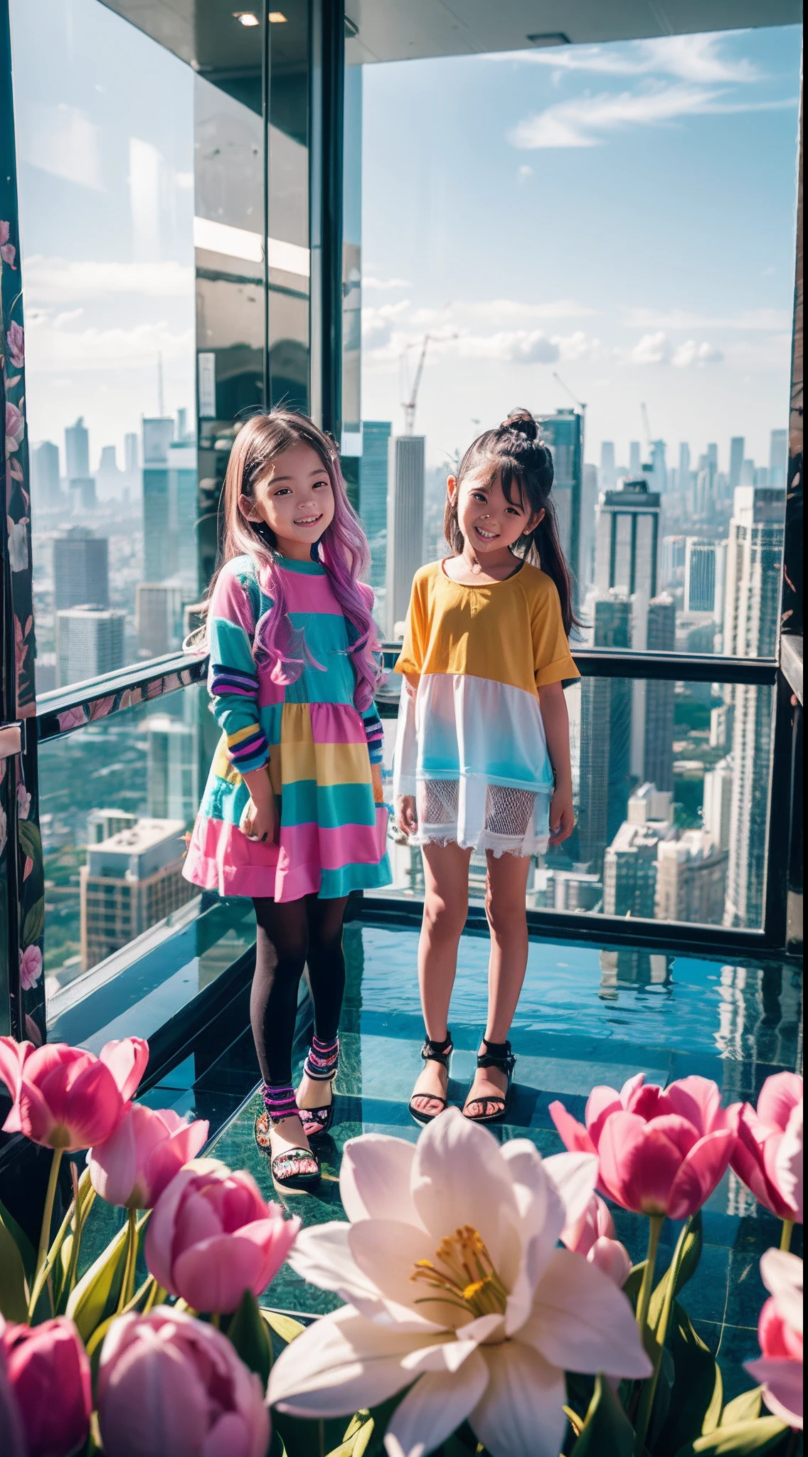 180th floor infinity pool,The tallest building in the urban forest,Around bonsai,Luo Han Song,coconut palms,tulips,Rose flower,Tease alpacas to play,There were five little girls wearing openwork translucent stockings,Pouting and smiling,is shy,Pinch up colorful hair, vivid vivid colors, multicolored clothing, Cut tattered T-shirts, vibrant color details, Vibrant and dynamic, bright vibrant colors, multicolored clothing, Intense and vivid colors, vivid vivid colors, Vivid and vibrant colors, vibrant tones, colorful outfit, colorful fashion, vivd colour, vivid and vibrant
