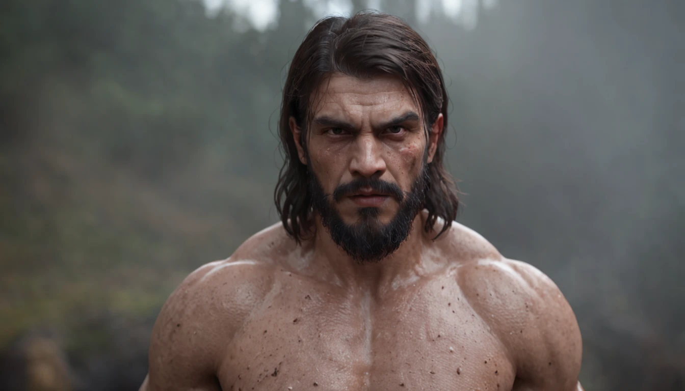 orthofacial,head portrait,left right symmetry,(professional 3d render:1.3) af (Realistic:1.3) most beautiful artwork photo in the world,Features soft and shiny male heroes, ((Epic hero fantasy muscle man rough wet hero angry looking long hair short beard and ferocious expression in dynamic pose, Fantastic location, Majestic cluttered environment)), Full body 8K unified rendering, action shot, skin pore, very dark lighting, heavyshading, Detailed, Detailed face, (vibrant, photograph realistic, Realistic, Dramatic, Dark, Sharp focus, 8K), (Old leather garments damaged by weathering:1.4), ((((Wear fur)))), (Intricate:1.4), decadent, (Highly detailed:1.4), Digital painting, rendering by octane, art stations, concept-art, smooth, Sharp focus, illustration, Art germ, (loish:0.23), wlop ilya kuvshinov, and greg rutkowski and alphonse mucha gracias, (Global illumination, Studio light, volumettic light), heavy rain, particles floating, lotr, fantasy, elf, full bodyesbian, ((Dark and ancient city background:1.3)),CGSesociety,art stations