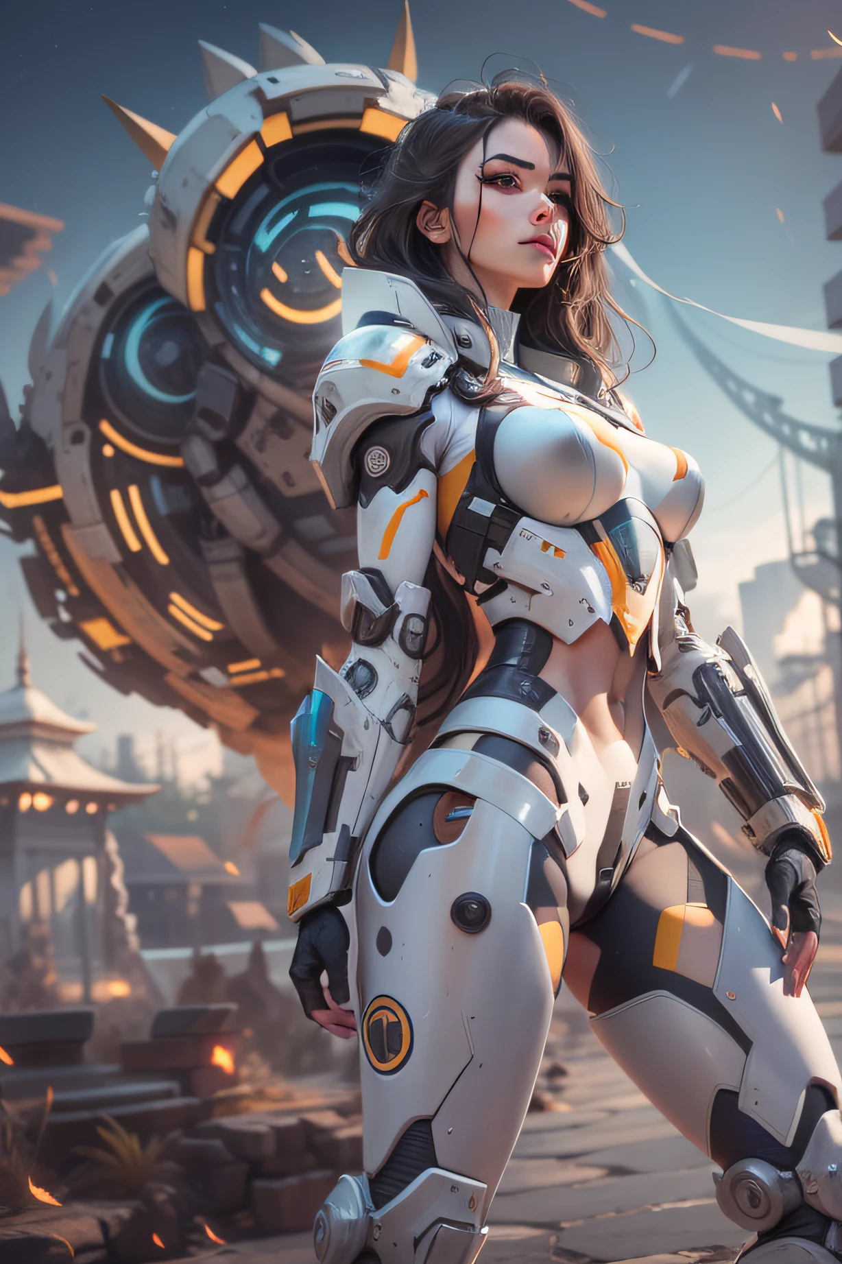 GAROTINHA E SEU ROBO, (master part), (melhor qualidade), 1girl, Beautiful girl, female warrior, campo de batalha, armadura branca, exosqueleto, Mecha, mechanical armor, olhos azuis, Cinematic light, fundo simples, obra-prima, melhor qualidade, ultra-detalhado, very detailed illustrations, extremamente detalhado, detalhes intrincados, highres, detalhes super complexos, extremamente detalhado 8k cg wallpaper, cowboy tiro, caustic, reflection, ray tracing, halo estrela, Intricate mechanical bodysuit, espartilho mecha, armadura completa, cabelo muito longo, cabelo branco, cabelo entre os olhos, cabelo multicolorido, cabelo interno colorido, olhos vermelhos, olho brilhante, trilha do olho, random expressions, random action, arquitetura japonesa antiga, lagoa, starly sky, skyline,