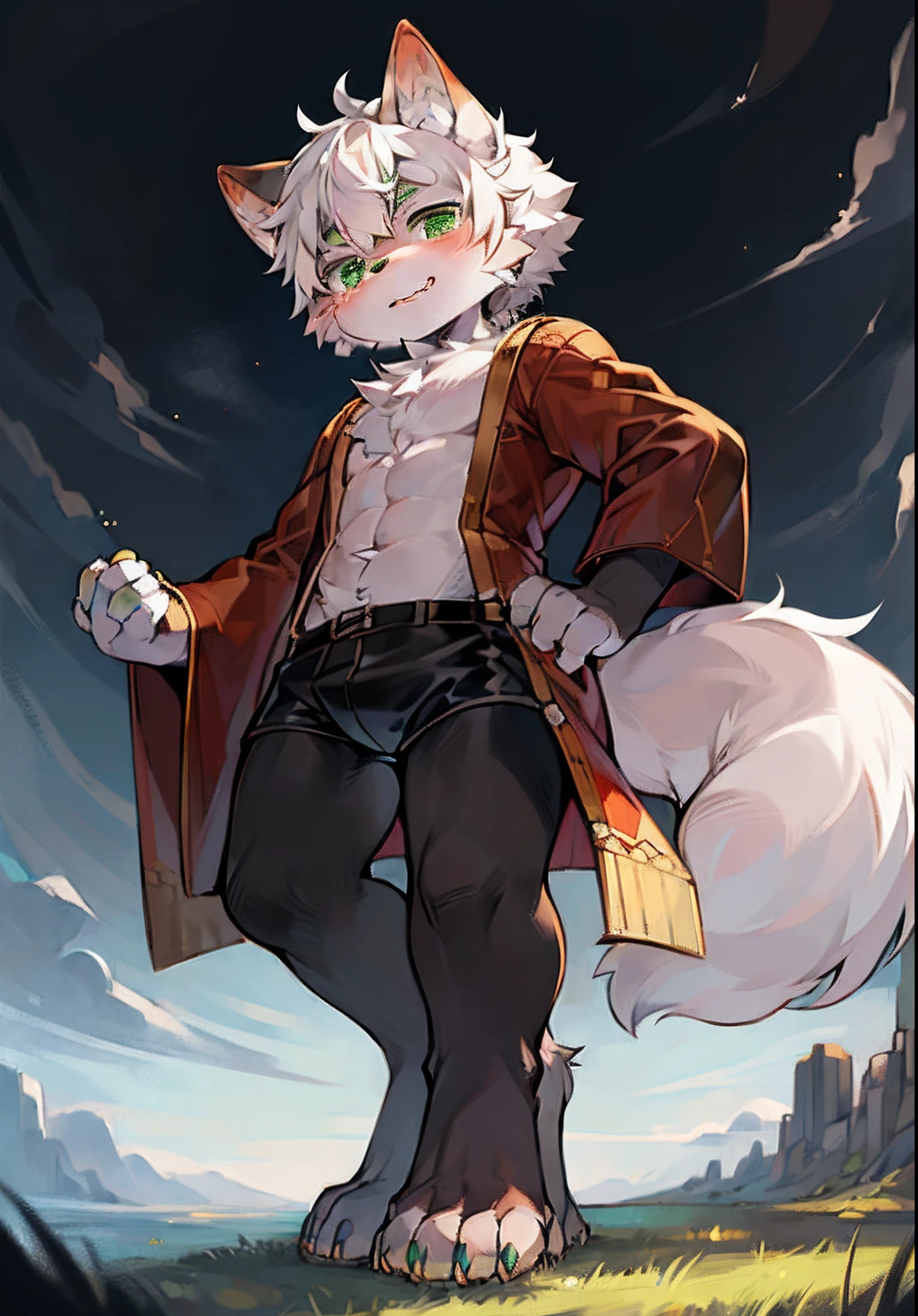 (ambiente dark:0.8),Masterpiece,High quality,abstract res,Digital painting\(artwork of a\), by Dagasi, Yupa,Kiyosan,(anthro,Fluffy fur,Character focus:1.1),anthro male wolf,Short hair,Portrait ,macro,Giant, eyes with brightness, in a panoramic view, Character focus.(detailedbackground:0.7), 独奏, shaggy, shaggy male, malefocus, anthr,(Full Body Furry, Fluffy tail, Black fur, Green eyes, White hair:1.2), (long canines、macro：1.2）,（Lift one foot，Be prepared to stomp your feet)