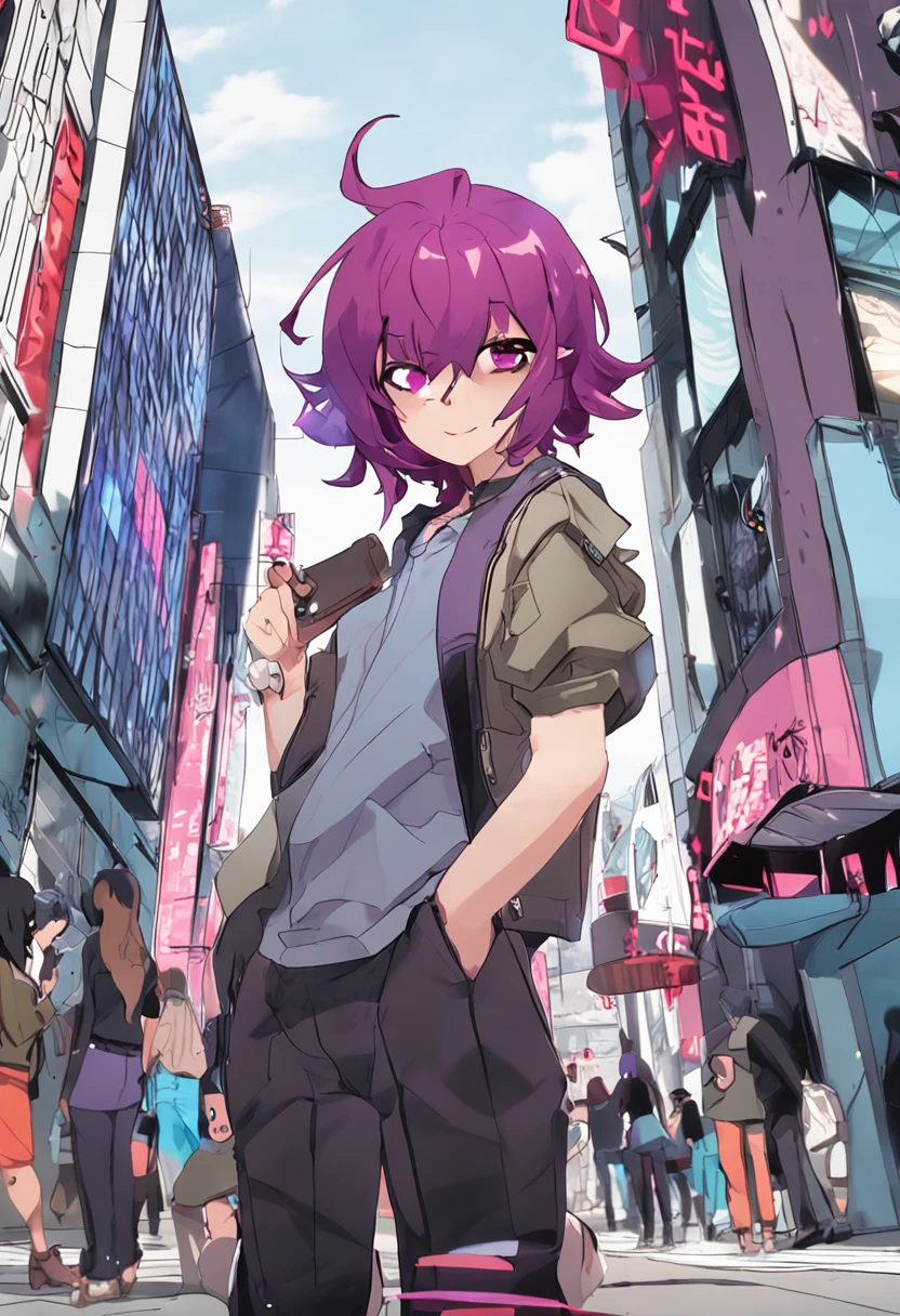 mirokujiyuuya, yanke, short hair, purple hair, ,, vest, pants, ,, pullover, coat, smug, standing, solo focus, full body, walking, city, one character,MFBP1, red eyes