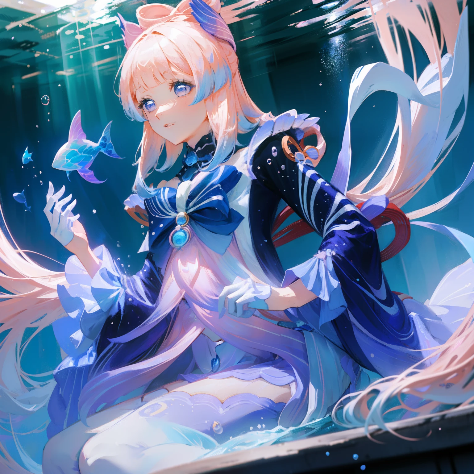 "A cute girl, purple-blue eyes, light pink hair tied up, blue kimono, underwater environment, schools of fish swimming around, air bubbles, light, masterpiece, quality picture  tall, (full HD 4K+ wallpaper)."