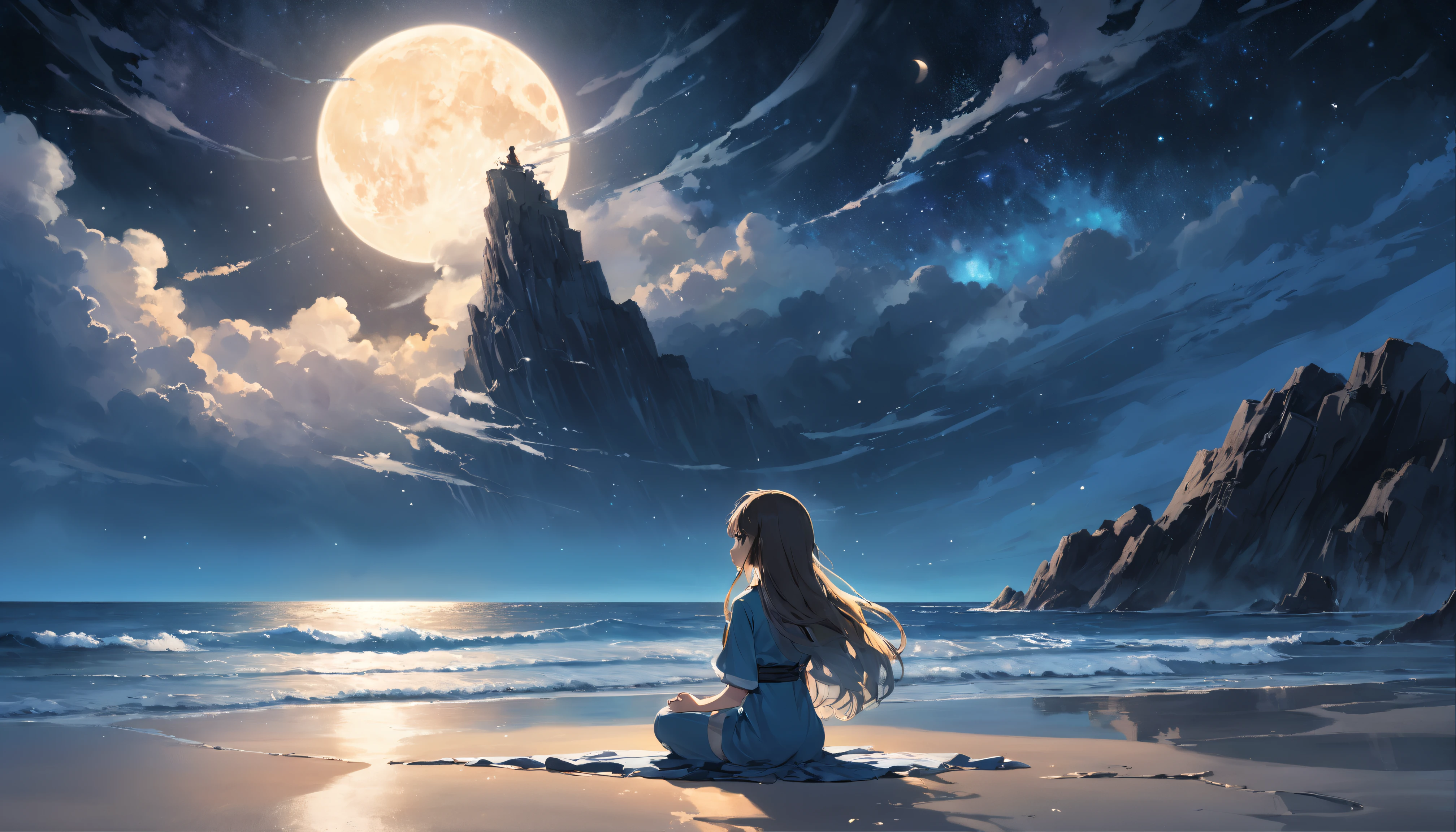 A breathtaking scene unfolds as the moonlight casts a luminous glow on a deserted beach, painting the sky with a tapestry of twinkling stars. At the center of this ethereal moment, A young woman with long hair cascades sits in deep meditation. Its tranquil presence evokes a sense of inner peace and serenity amidst the vastness of the empty coast.

The girl's silhouette stands out against the backdrop of darkness, his serene expression bathed in soft moonlight. Long tentacles of hair cascade down the back, intertwined with the gentle sea breeze that caresses his face. Your closed eyes indicate a deep connection to the universe, as if his own thoughts harmonized with the whispers of the ocean waves.