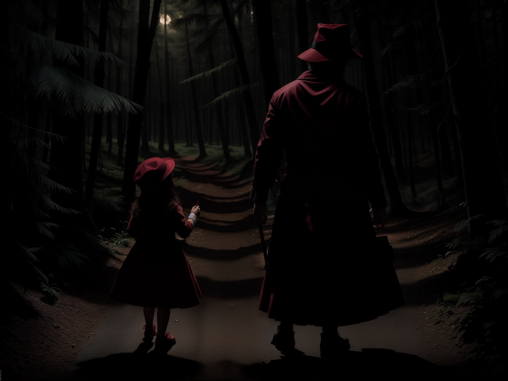 The Little Red Hat and the Big Bad Wolf, personagens macabros, enquadramento fechado