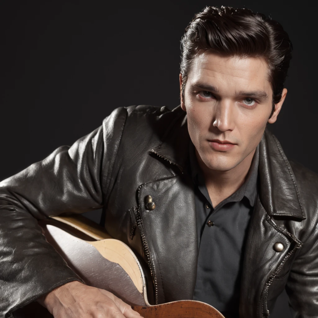 Elvis Presley, realista, Science-Fiction, ..3D, Detallado, escenario, cuerpo completo, hombre, moreno, con guitarra