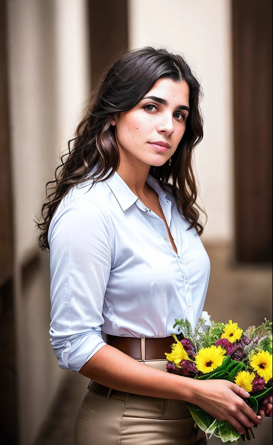 there's a brunette woman, brown caabelos with illuminated details that is standing in an office salad bowl, retrato elegante, imagens de retrato lateral, perfil lateral cintura para cima retrato, retrato editorial, Retrato no meio da foto, posou no perfil, retrato de perfil lateral, foto de retrato detalhada, pose pensativa, mulher jovem sofisticada, Three-quarter portrait, fazendo uma pose elegante, retrato solo, retrato de perfil, Pose de perfil