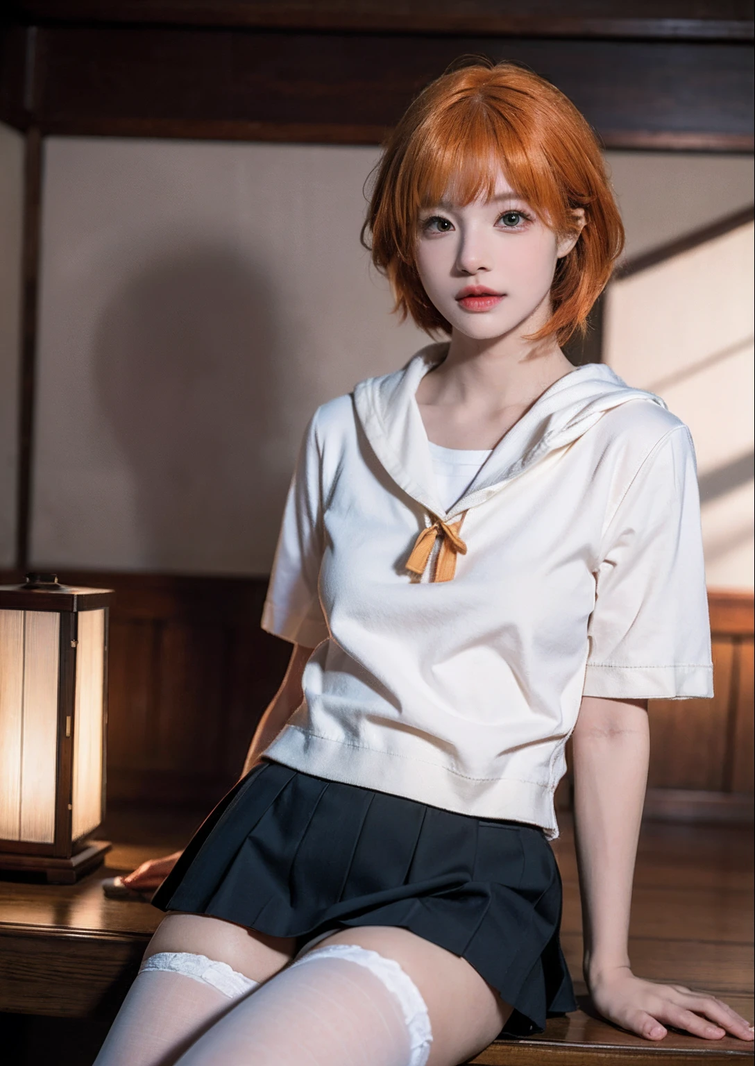 hdr, (8K, RAW photo, Best quality, Masterpiece:1.2), (Realistic, photo-realistic:1.8), Ultra-detailed, (highdetailskin:1.2), perfect soft lighting, Japanese school uniform JK，a sailor suit，teens girl，adolable，Short pale orange hair，fully body photo，black lence stockings，