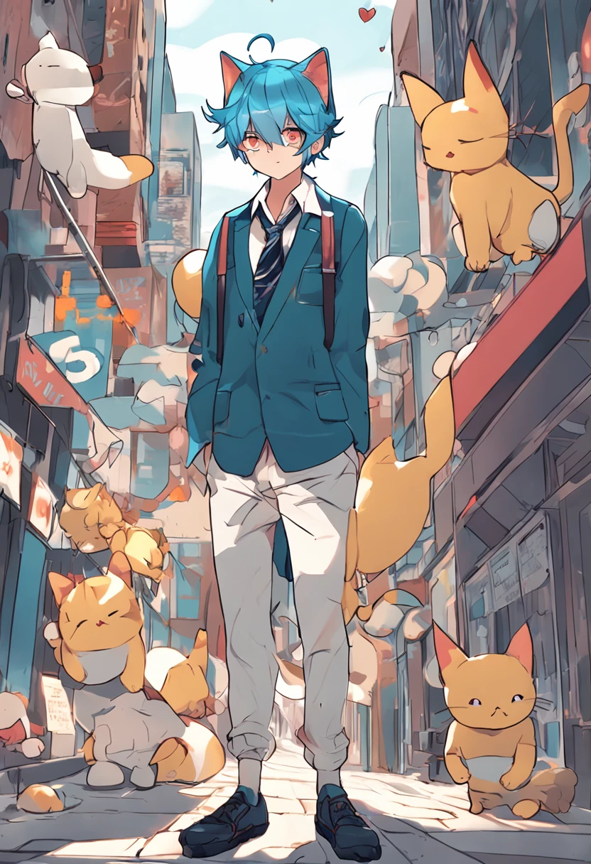 Anime shonen with cat ears and tie, anime moe art style, full body portrait of a short!, Cute anime blue-haired cat teenager, gapmoe yandere, Anime Nefer Pito, anime full body illustration, 2 d anime style, rei hiroe, Golden eyes, Boy with cat ears and tail, Single character full body,levitating,Reached