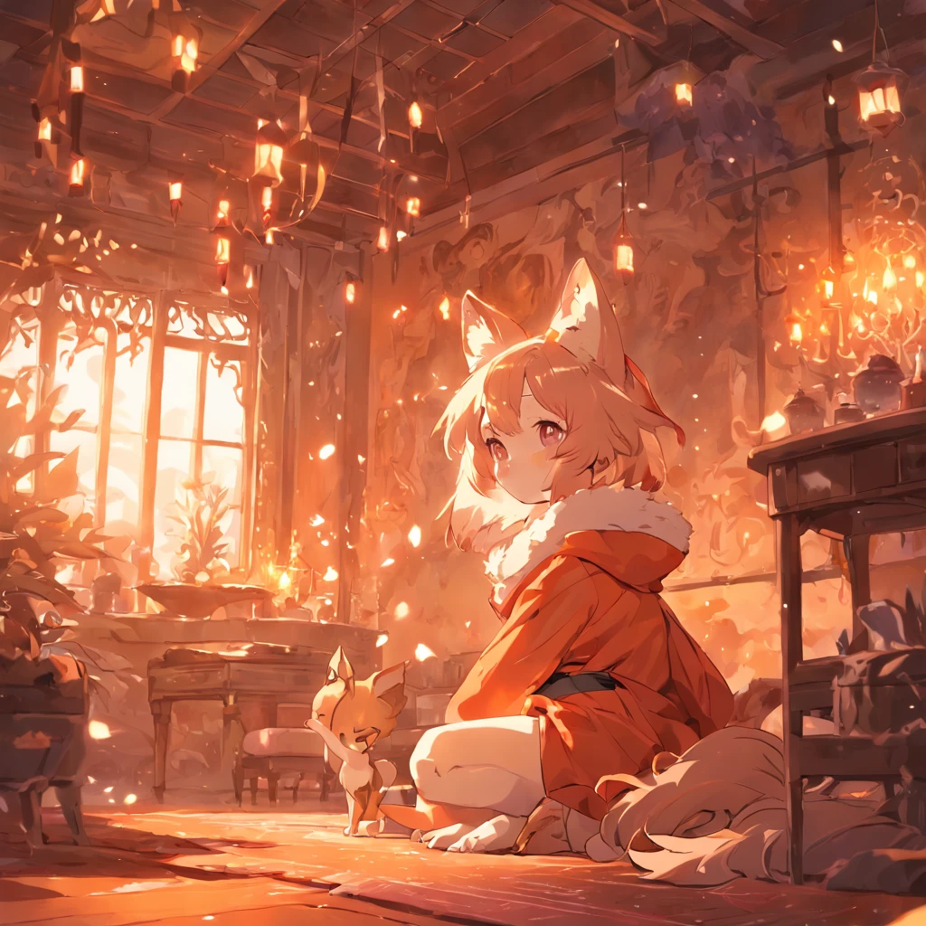 Anime character Little cute fox girl , Big room, A lonely day, Fantasy Treehouse, The room was full of properties, Gibly studio style, Intricate golden fur, Beautiful and big eyes, Warm room with back view of anime characters, Sit in front of a warm brazier, Comfortable room with fur carpet, high tea, Plants on the dining table, Soft light through the windows