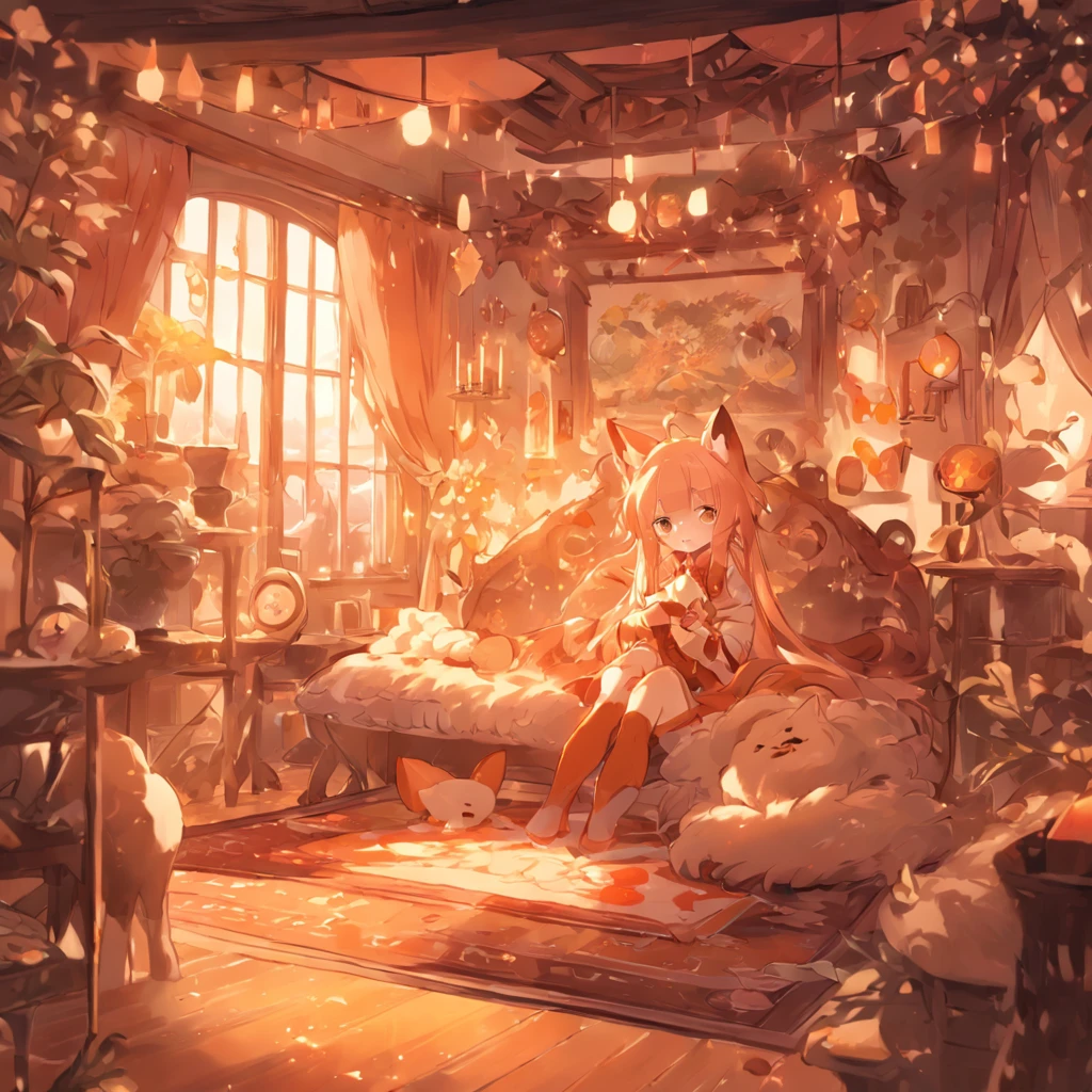 Anime character Little cute fox girl , Big room, A lonely day, Fantasy Treehouse, The room was full of properties, Gibly studio style, Intricate golden fur, Beautiful and big eyes, Warm room with back view of anime characters, Sit in front of a warm brazier, Comfortable room with fur carpet, high tea, Plants on the dining table, Soft light through the windows