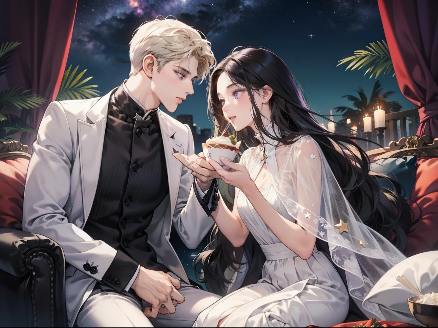 Happy couple, 1 girl 1 boy, different hair color, long black hair and purple eyes, short blonde hair and green eyes, face to face, romantic, hands in hands, white suit, star sky, night, sitting down, foods, mouth opens, talking