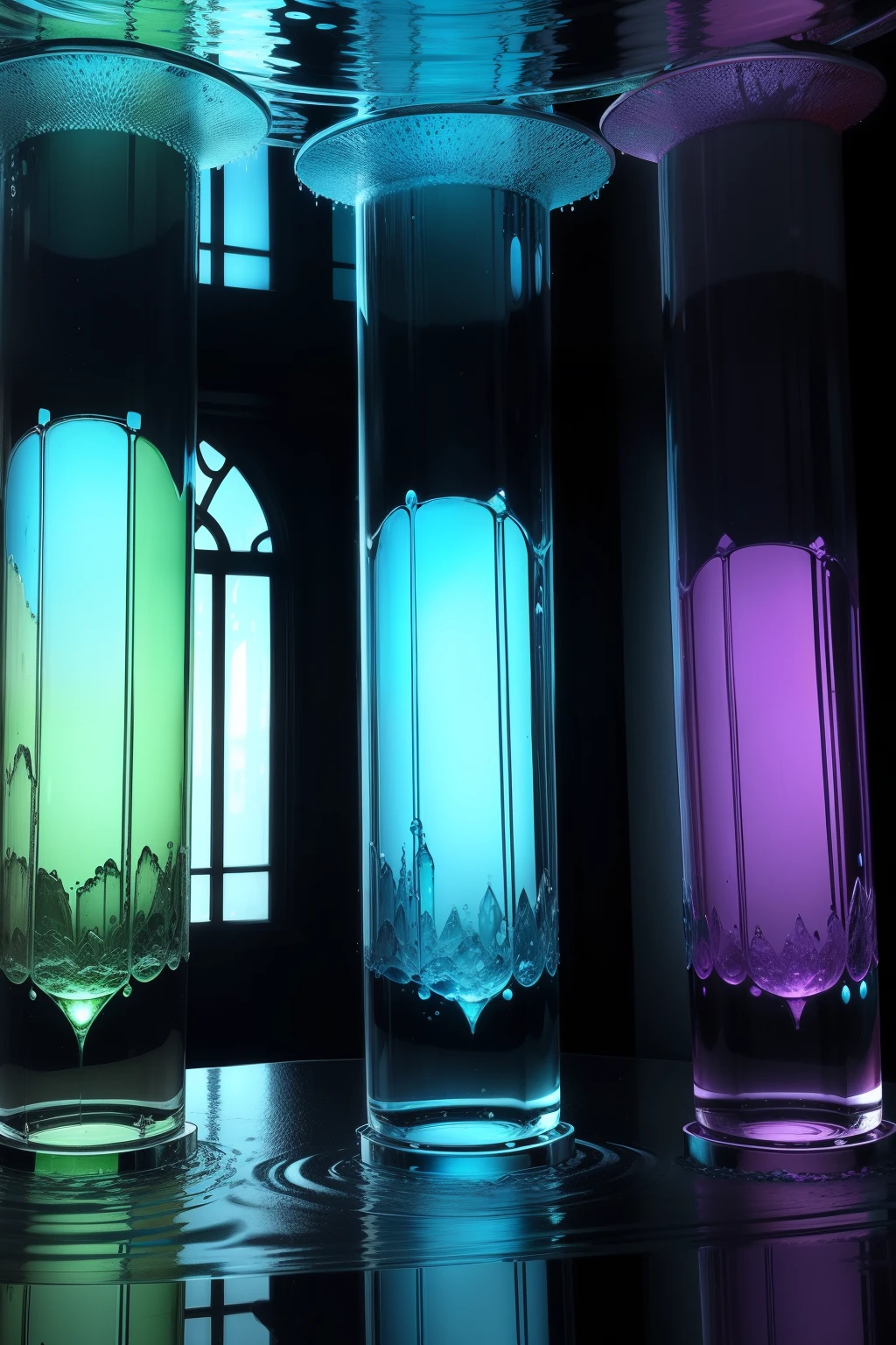 Three glass columns，It is filled with water，Layered water，Water of different colors，filtration，cold shades，Futuristic