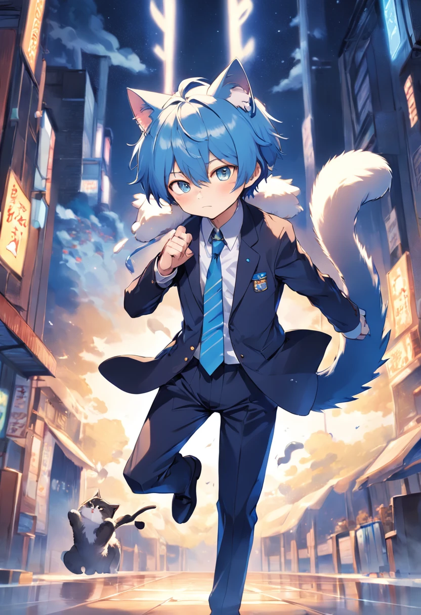Anime shonen with cat ears and tie, Anime moe art style, full body portrait of a short!, Cute anime blue fur cat boy, gapmoe yandere, Anime Nefer Pito, anime full body illustration, 2 d anime style, rei hiroe, Golden eyes, Boy with cat ears and tail, Single character full body,levitating,Reached