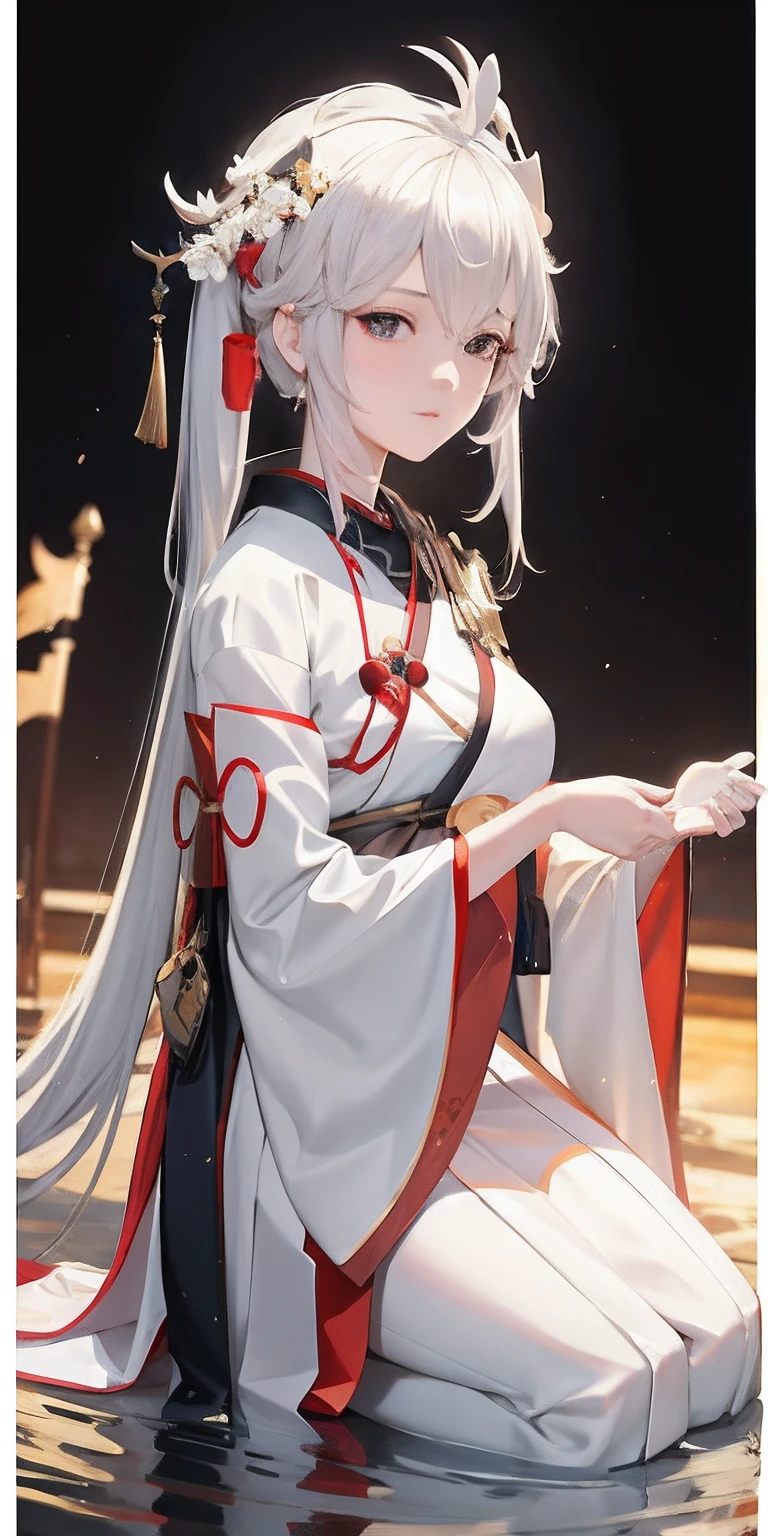 anime girl in white and red dress sitting on the ground, white haired deity, palace , a girl in hanfu, onmyoji portrait, from arknights, onmyoji, white hanfu, onmyoji detailed art, guweiz on pixiv artstation, flowing white robes, from girls frontline, flowing hair and long robes, white haired