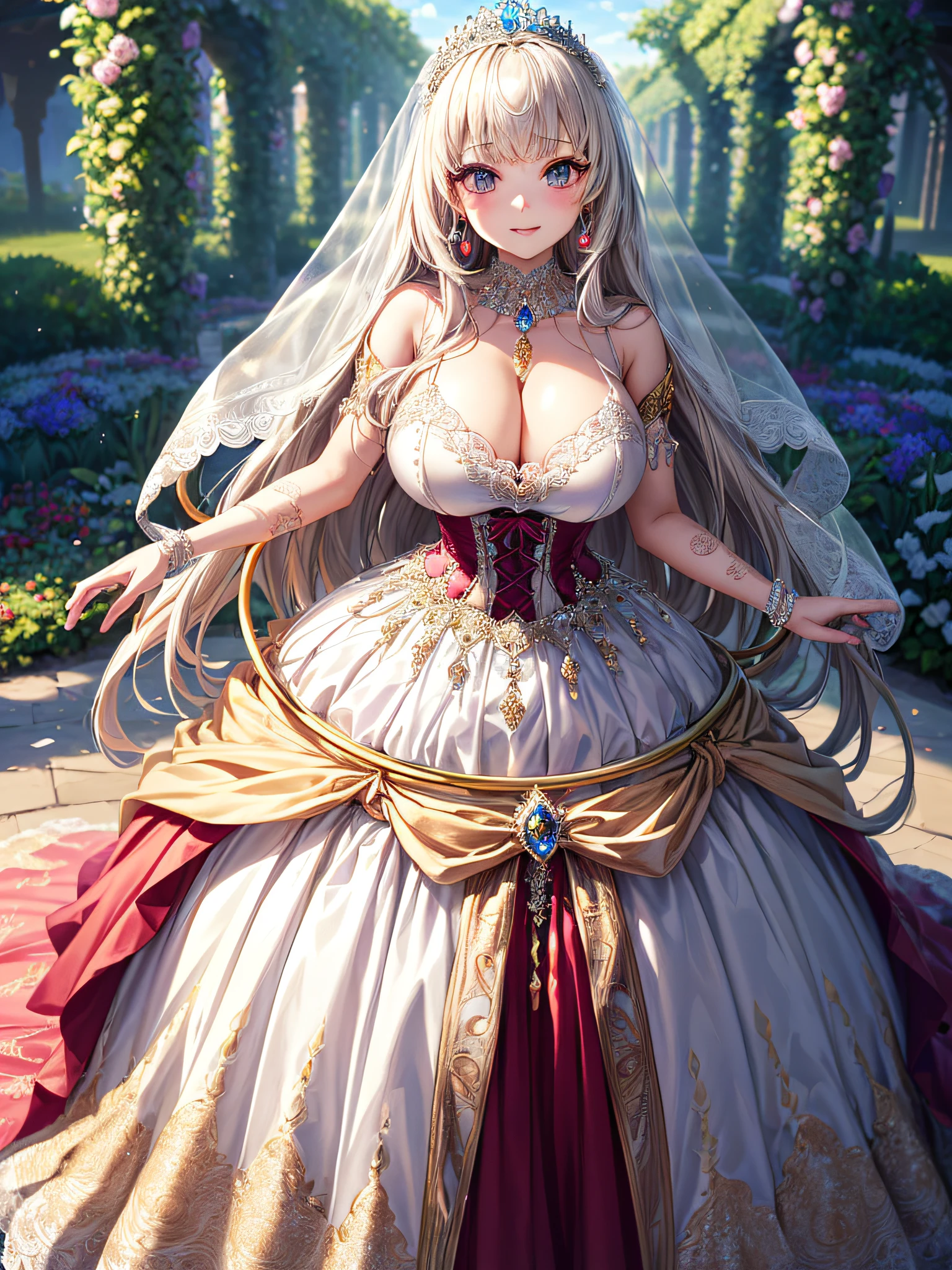 (masterpiece, best quality,extremely detailed,moe anime art style:1.2),1girl, (solo), cute, kawaii,digital art,((1 bling-bling anime princess wearing beautiful embroidery and jeweled gorgeous princess ballgown with voluminous full length hoop skirt)),((crinoline)),long train,voluminous frills,(gorgeous embroidery and beautiful lace),(very gigantic boobs,cleavage,skindentation),((shiny hair,absurdly voluminous straight hair,absurdly Long Hair)),(finely detailed face and eye),clear pupil,(bling-bling extremely gorgeousfull jeweled tiara),((bling-bling gorgeous gemstone jewelry)),long veil,((standing in beautiful garden)),flowers,flower petals flowing,standing pose,(dynamic angle),((beautiful embroidery and jeweled gorgeous princess ballgown with voluminous full length hoop skirt))