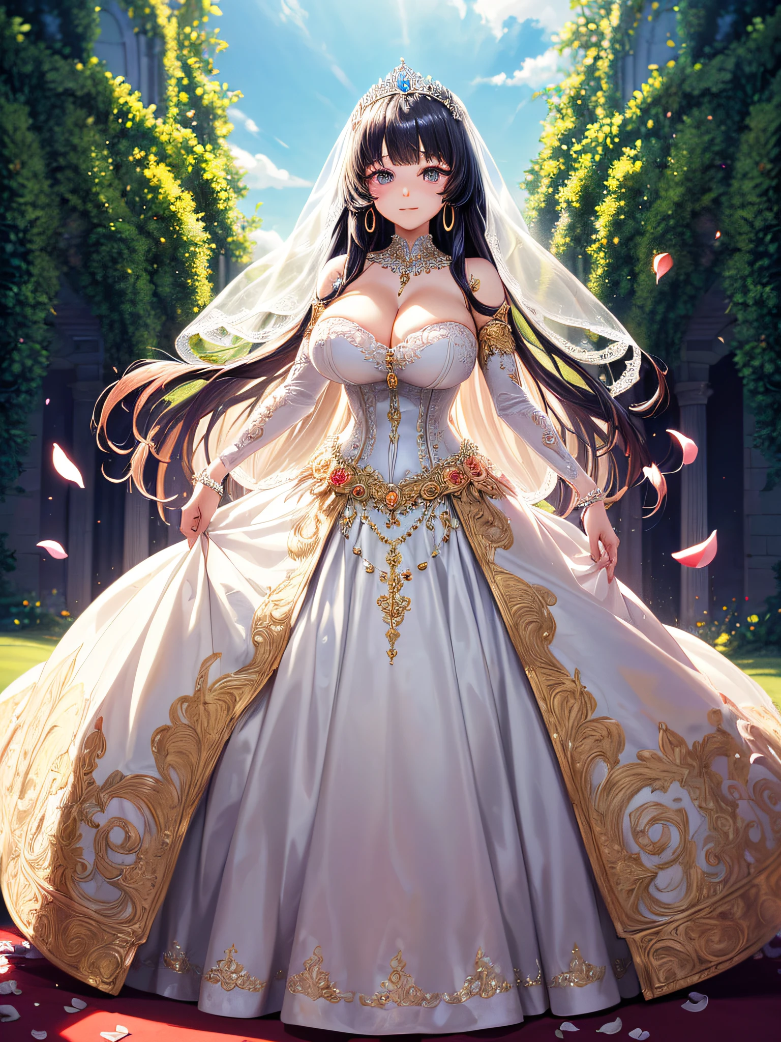 (masterpiece, best quality,extremely detailed,moe anime art style:1.2),1girl, (solo), cute, kawaii,digital art,((1 bling-bling anime princess wearing beautiful embroidery and jeweled gorgeous princess ballgown with voluminous full length hoop skirt)),((crinoline)),long train,voluminous frills,(gorgeous embroidery and beautiful lace),(very gigantic boobs,cleavage,skindentation),((shiny hair,absurdly voluminous straight hair,absurdly Long Hair)),(finely detailed face and eye),clear pupil,(bling-bling extremely gorgeousfull jeweled tiara),((bling-bling gorgeous gemstone jewelry)),long veil,((standing in beautiful garden)),flowers,flower petals flowing,standing pose,(dynamic angle),((beautiful embroidery and jeweled gorgeous princess ballgown with voluminous full length hoop skirt))