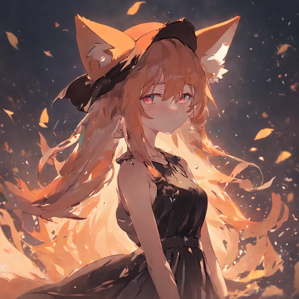 A girl in a black dress and a fox hat, An anime work drawn by Kisu, pixiv contest winner, rayonism, made of leaves, soft mist, Mist.