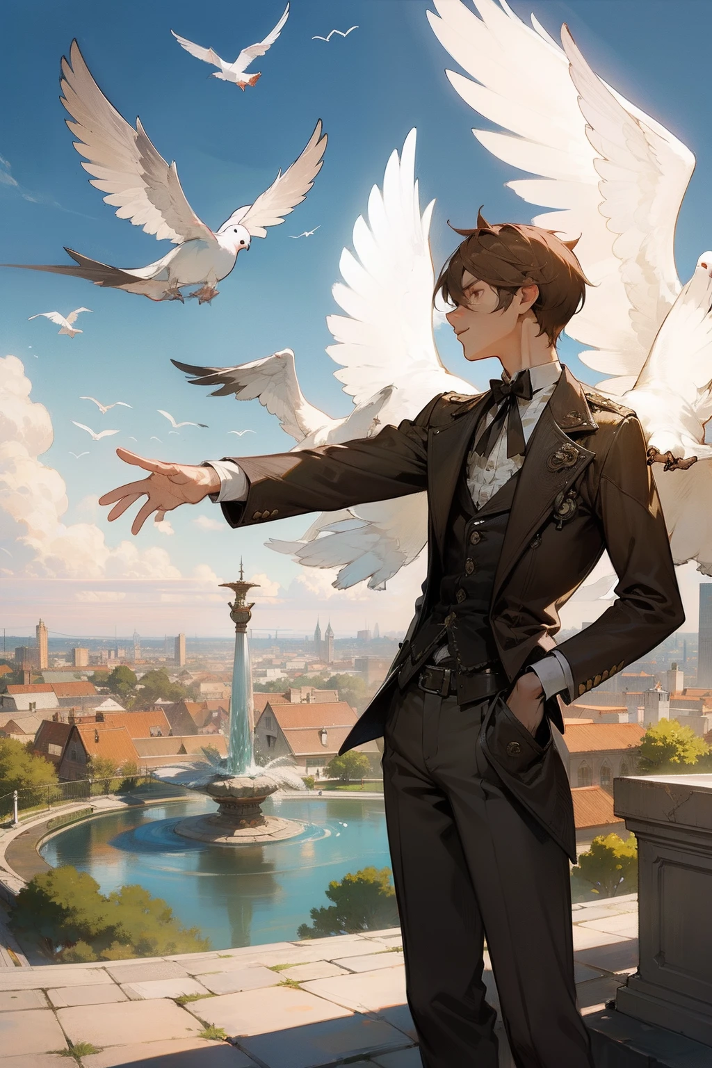 Doves fly over the noble park　The fountain　steampunc　male people　twinks　{{ember}}