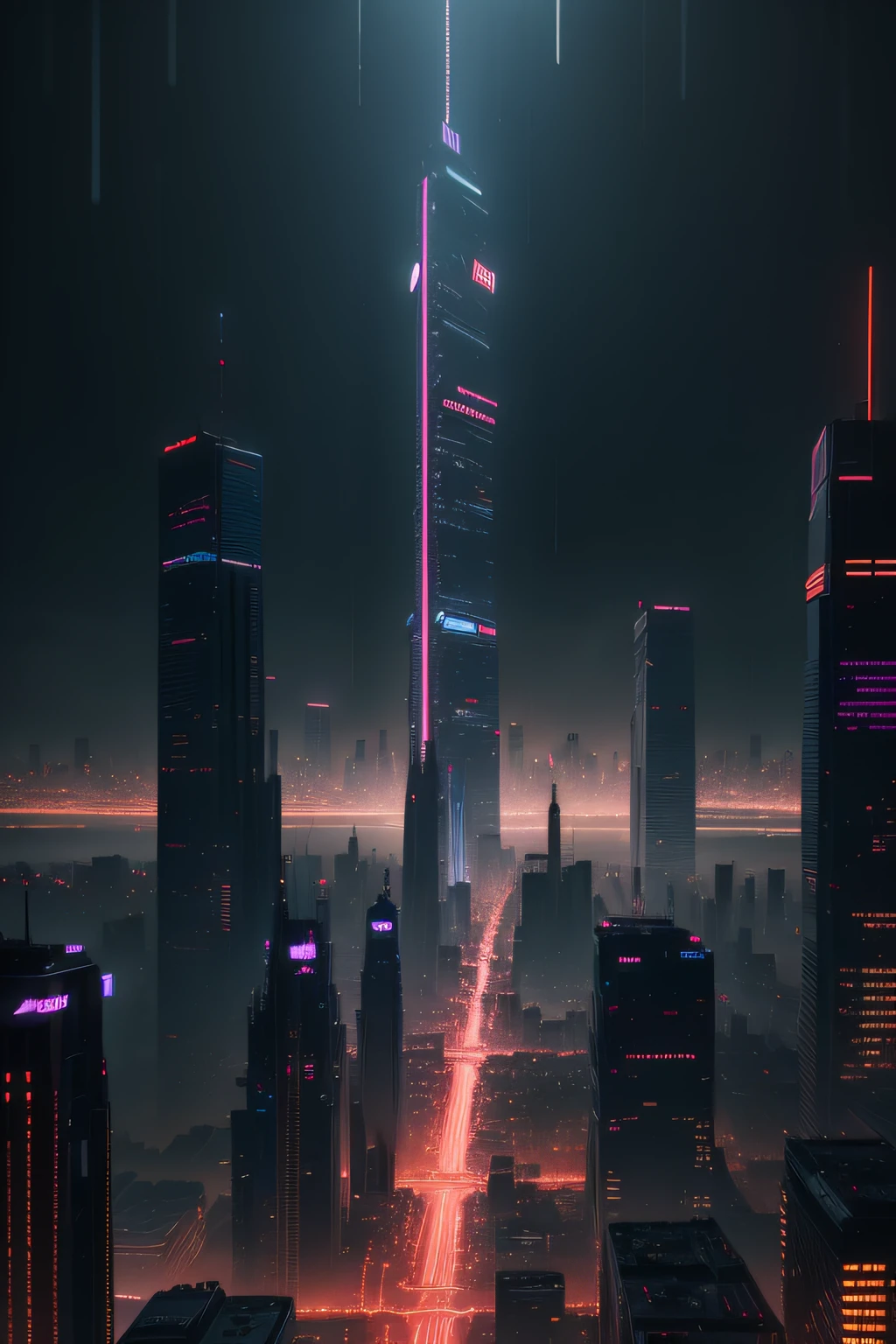 "a general view of the whole city, Captivating night scene with rain pouring down, an expansive cyberpunk metropolis adorned with towering futuristic skyscrapers, pulsating neon lights, and immersed in a realistic cinematic lighting. Rendered with the exquisite details of Octane Render."