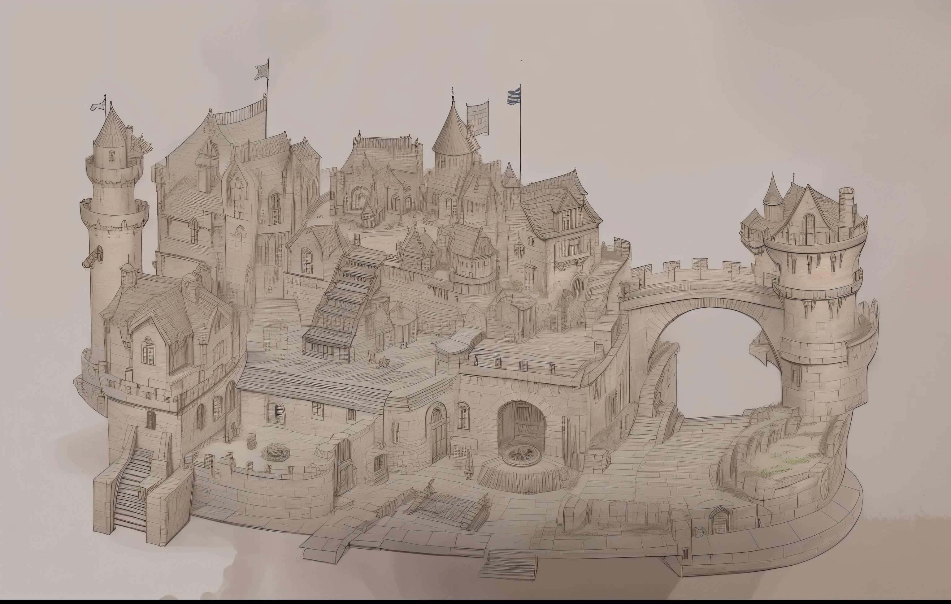 Draw a castle,A flag fluttered above, detailed but rough, Inspired by Piranesi, inspired by Charles Cundall, view over city, stylized linework, spontaneous linework, anime city lineart, Ruined cityscape, concept-art!, Inspired by Ian Mack, concept-art!!, in steampunk cityscape, shanty townships, Small city, loose linework