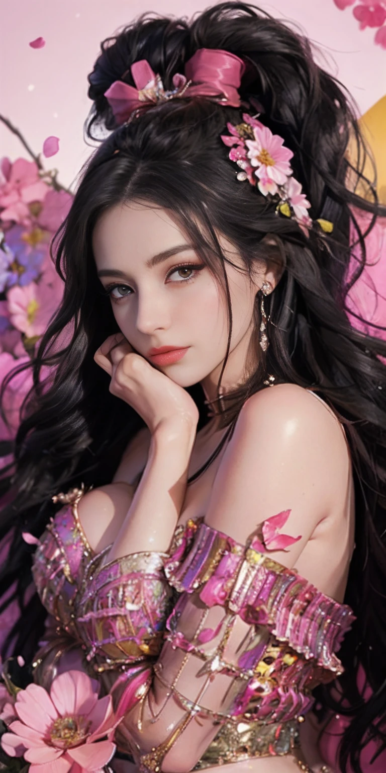 stunning beauty, Aesthetic, Oil painting style, thick coating, Women with incomparable style, Exquisite facial makeup, Black hair, long hair and waist, long eyelashes, Dark brown pupil eyes, exquisite nose, Lip balm, Inseparable strands, Beautiful posture, Graceful curves, Plump ideal type, Super special exaggerated huge breast weight, Bold, Elegant, Extravagant artistic acts, romanticism, (Fractal Art), Vibrant colors, Sunny glare smooth skin, Professional photo close-ups, Brutalist design, Explore Victoria's Secret, blush, flower petals, Vivid colors, The most beautiful chaotic shapes, Colorful, Colorful and magnificent, From above, from the front side