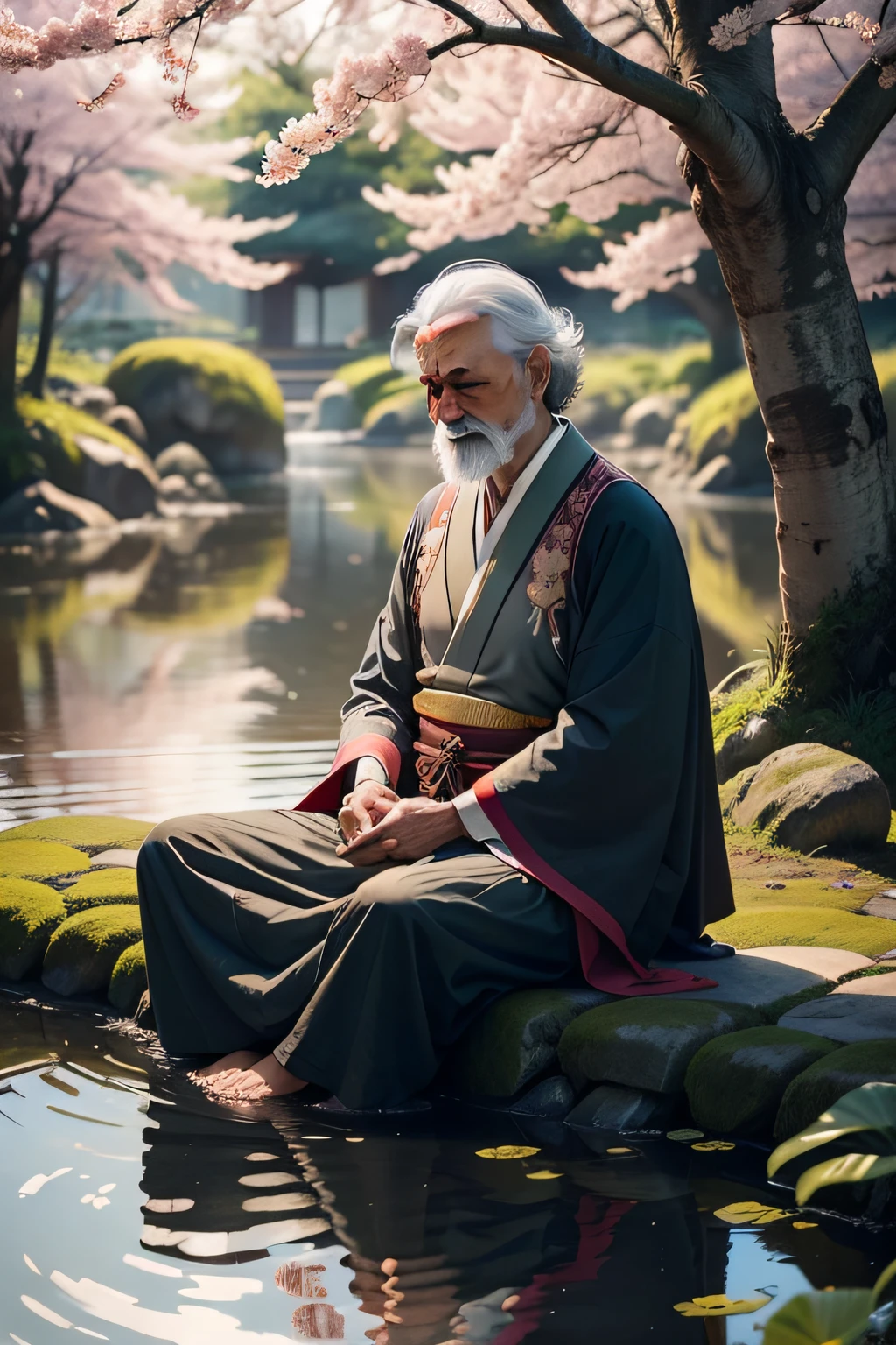 Imagine um homem idoso, vestido com roupas tradicionais do Oriente, sitting serenely in an ancient Japanese garden. It is surrounded by a lush and serene landscape, with a tranquil lake reflecting the cherry blossoms in full bloom. The wise old man watches the birds flying and the fish swimming slowly in the crystal clear water. His expression is tranquil and contemplative, as he caresses a lotus flower in his hands. What wise and timeless advice would he offer about the deep connection between nature and the pursuit of inner peace?