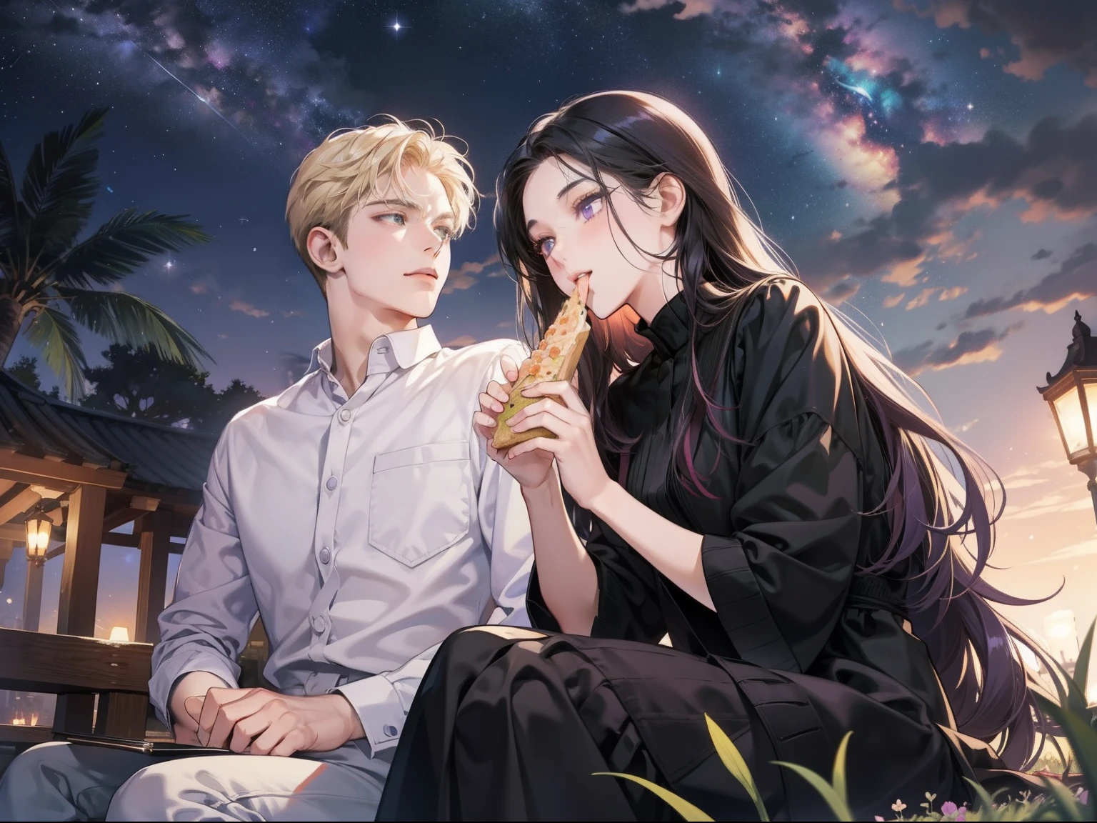 Happy couple, 1 girl 1 boy, different hair color, long black hair and purple eyes, short blonde hair and green eyes, face to face, romantic, outdoor, under the starry sky, night, sitting down, foods, mouth opens, talking, 25 years old