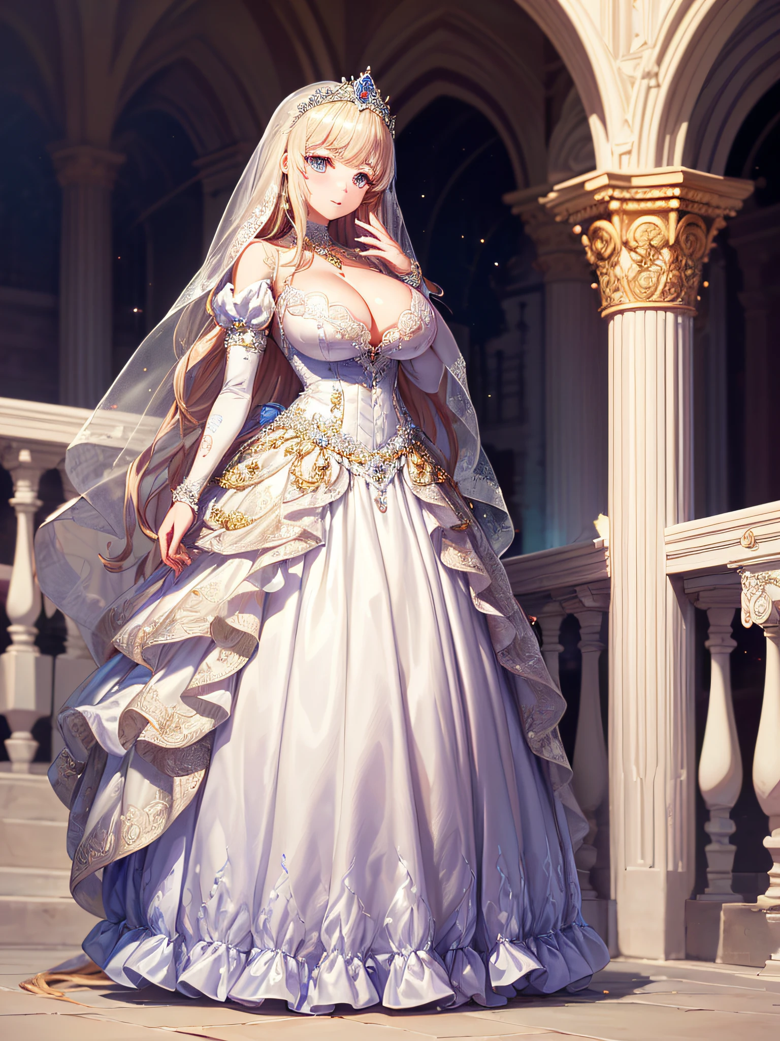 (masterpiece, best quality,extremely detailed,moe anime art style:1.2),1girl, (solo), cute, kawaii,digital art,((1 bling-bling anime princess wearing beautiful embroidery and jeweled gorgeous princess ballgown with voluminous full length hoop skirt)),((crinoline)),long train,voluminous frills,(gorgeous embroidery and beautiful lace),(very gigantic boobs,cleavage,skindentation),((shiny hair,absurdly voluminous straight hair,absurdly Long Hair)),(finely detailed face and eye),clear pupil,(bling-bling extremely gorgeousfull jeweled tiara),((bling-bling gorgeous gemstone jewelry)),long veil,((standing in beautiful garden)),flowers,flower petals flowing,standing pose,(dynamic angle),((beautiful embroidery and jeweled gorgeous princess ballgown with voluminous full length hoop skirt))