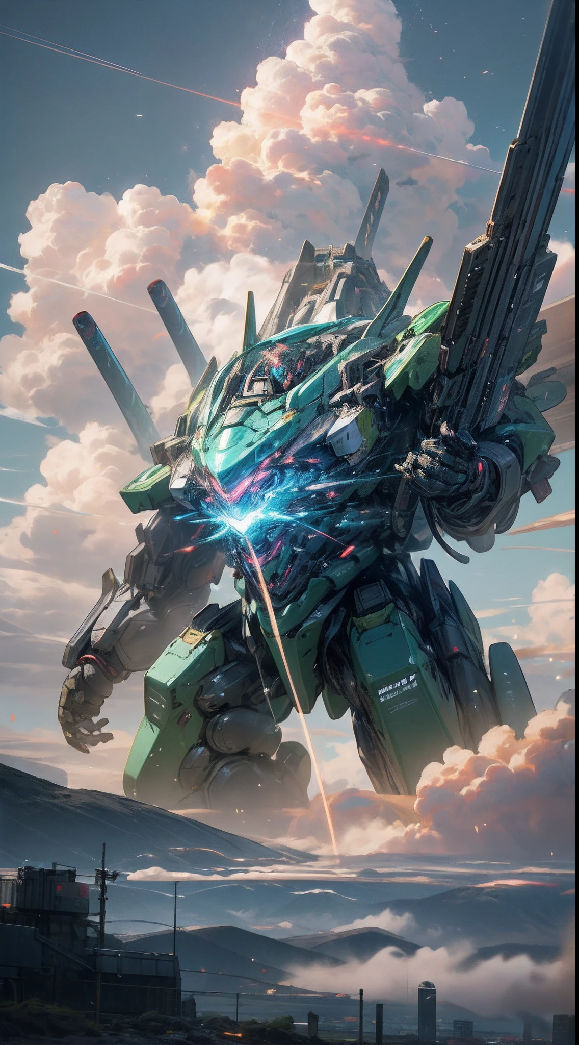 ((Best Quality)), ((Master Works)), (Very Detailed: 1.3), 8K, cool painting, full of sci-fi atmosphere, ghost mecha holding a two-meter long knife, super cool ghost mecha, with huge long knife, Fang Tian painting halberd, green dragon moon knife, green armor, wearing green mechanical armor, surrounded by smoke, glowing eyes, holding a super long knife, imposing walking, positive perspective, perfect body proportions, Gundam humanoid mecha, anime mecha aesthetics, perfect body proportions, heads-up perspective, Standing Pose, Military Giant Mech, Missiles, Rocks, Futuristic Technology, Realism, Clouds in the Sky, Dark Black War Background, Edge Light, Ray Tracing, Light Particle, NVIDIA Trtx, Super Resolution, Unreal 5, Subsurface Scattering, Specular and Albedo Map, Rule of Thirds, Large Aperture, Battle Stance, 8K Raw Data, High Efficiency Subpixels, Subpixel Convolution, Light Particles, Light Scattering, Tyndal Effect, Ray Tracing.