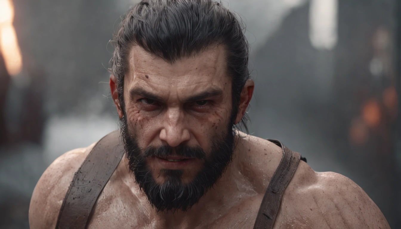 of a real，Facial features are carefully depicted，Realistic skin texture，中景 the scene is，Barbarian bearded uncle，Wearing heavy armor of steel，Two-handed greatsword，（male people：1.4），(There is a scar on the face:1.5)，Strong limbs，（A half body：1.4），Short-cut hair of maroon color，Dark style，depth of fields，high light，Real light，Ray traching，oc rendered，Hyper-realistic，best qualtiy，8K，Works of masters，super-fine，Detailed pubic hair，Correct anatomy，sharp focus on eyes，Bokeh，Facial features are carefully depicted