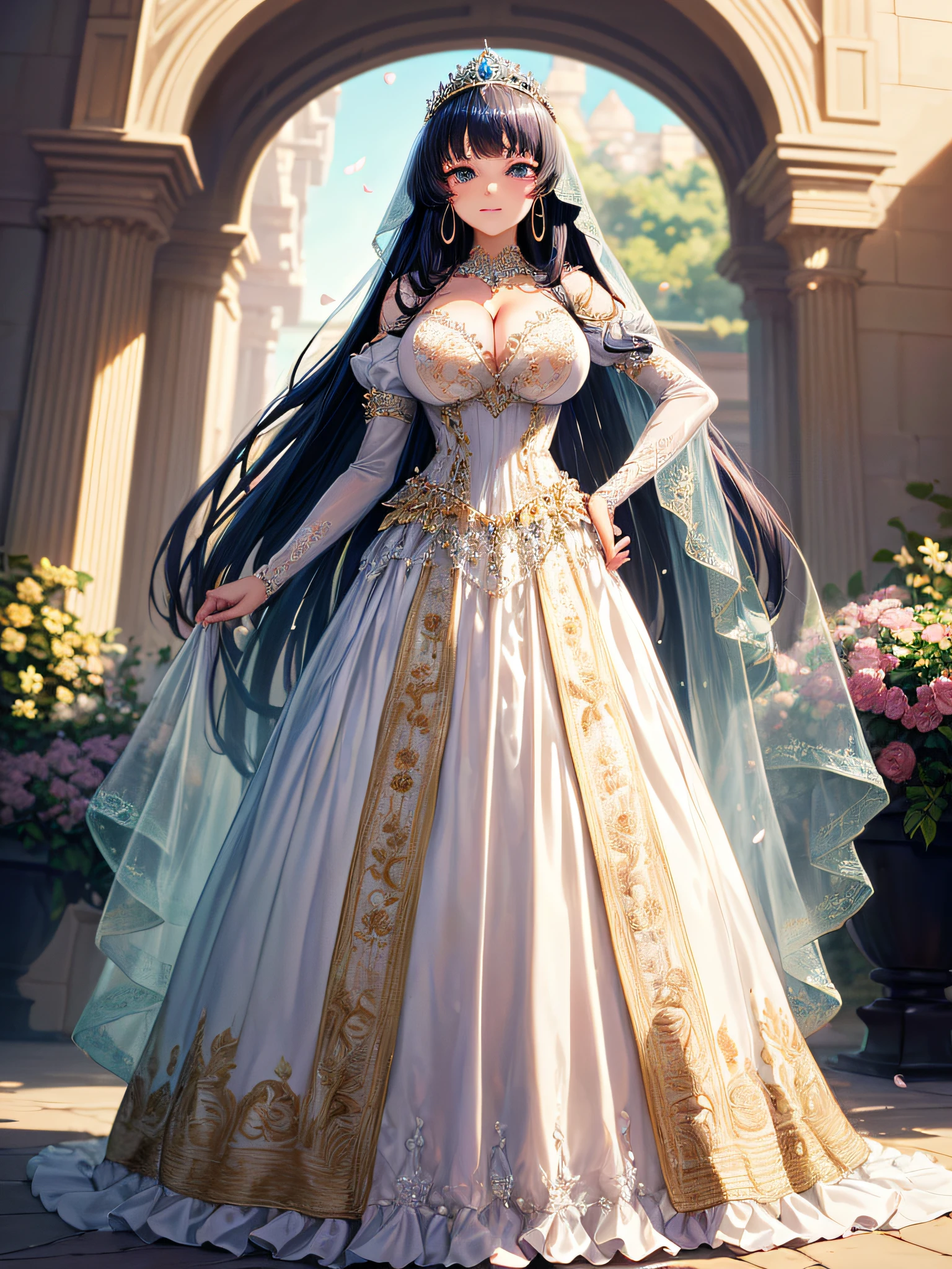 (masterpiece, best quality,extremely detailed,moe anime art style:1.2),1girl, (solo), cute, kawaii,digital art,((1 bling-bling anime princess wearing beautiful embroidery and jeweled gorgeous princess ballgown with voluminous full length hoop skirt)),((crinoline)),long train,voluminous frills,(gorgeous embroidery and beautiful lace),(very gigantic boobs,cleavage,skindentation),((shiny hair,absurdly voluminous straight hair,absurdly Long Hair)),(finely detailed face and eye),clear pupil,(bling-bling extremely gorgeousfull jeweled tiara),((bling-bling gorgeous gemstone jewelry)),long veil,((standing in beautiful garden)),flowers,flower petals flowing,standing pose,(dynamic angle),((beautiful embroidery and jeweled gorgeous princess ballgown with voluminous full length hoop skirt))