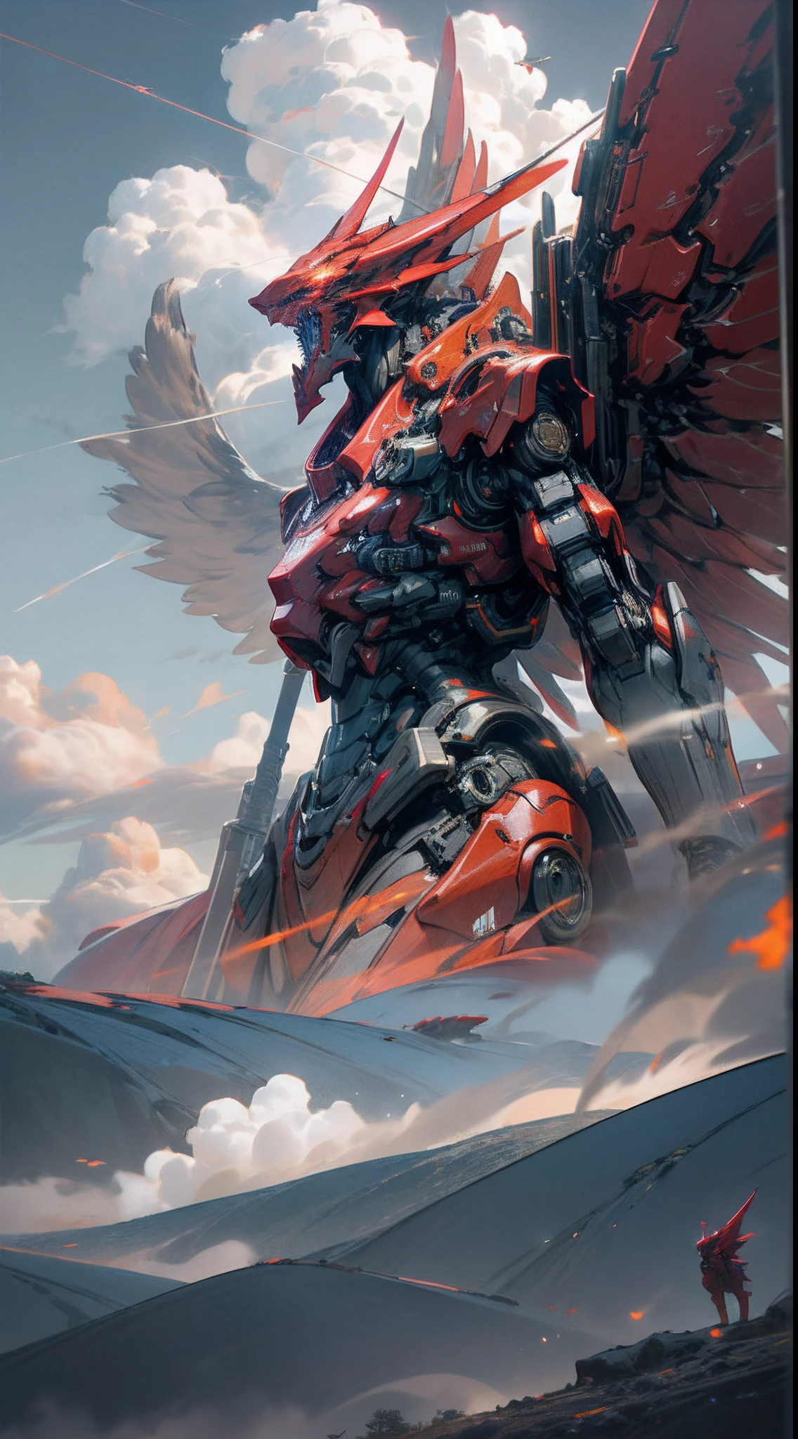 best quality, a majestic red dragon mech, humanoid shape, massive, imposing, dynamic action pose, sky, cloud, wings, holding_weapon, no_humans, glowing, robot, mountain range, glowing_eyes, mecha, science_fiction, mountains, realistic, octane render, uhd, 8k