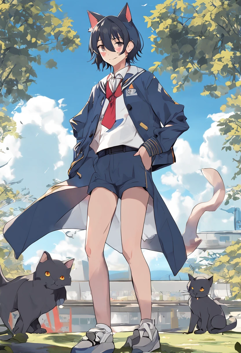 Anime shonen with cat ears, anime moe art style, full body portrait of a short!, Cute anime cat teenager,Deep blue hair,a sailor suit, gapmoe yandere, Anime Nefer Pito, anime full body illustration, 2 d anime style, rei hiroe, eBlue eyes, Boy with cat ears and tail, Single character full body