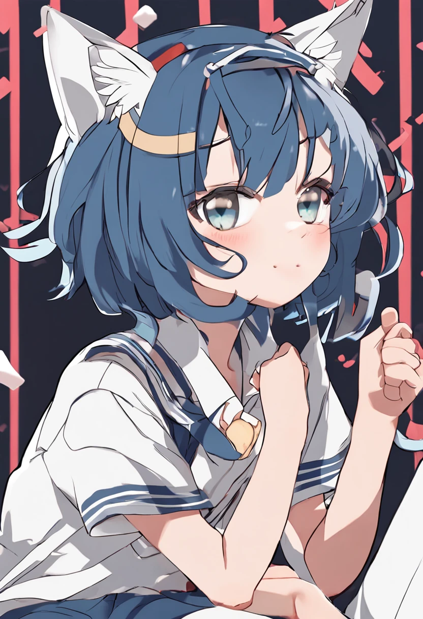 Anime shonen with cat ears, anime moe art style, full body portrait of a short!, Cute anime cat teenager,Deep blue hair,a sailor suit, gapmoe yandere, Anime Nefer Pito, anime full body illustration, 2 d anime style, rei hiroe, eBlue eyes, Boy with cat ears and tail, Single character full body
