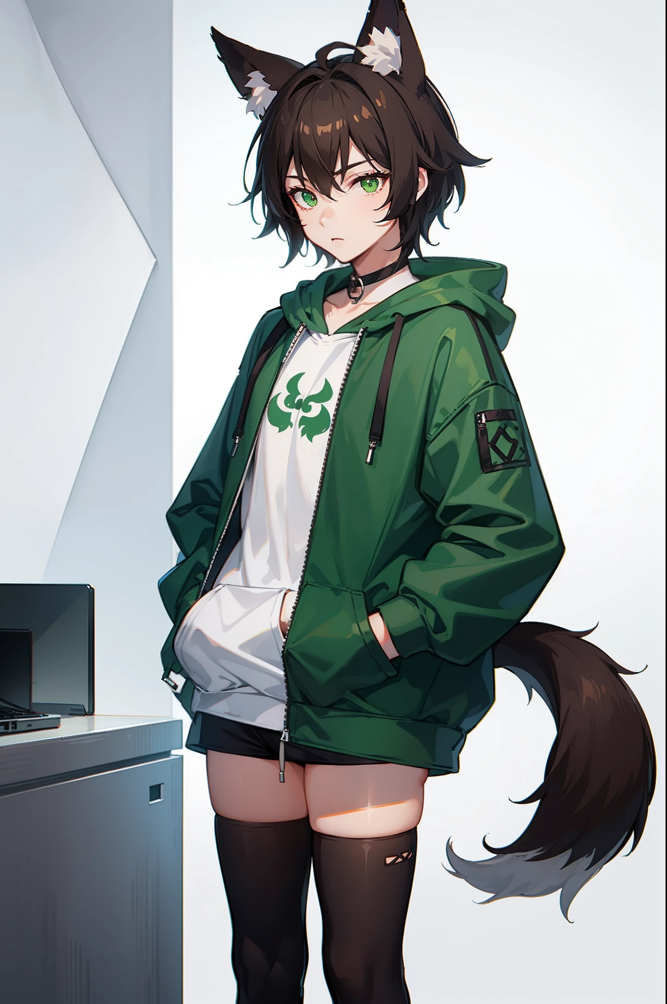 1boy, femboy, fox ears, fox tail, girly boy, feminine body, short hair, dark brown hair, green eyes, white hoodie,