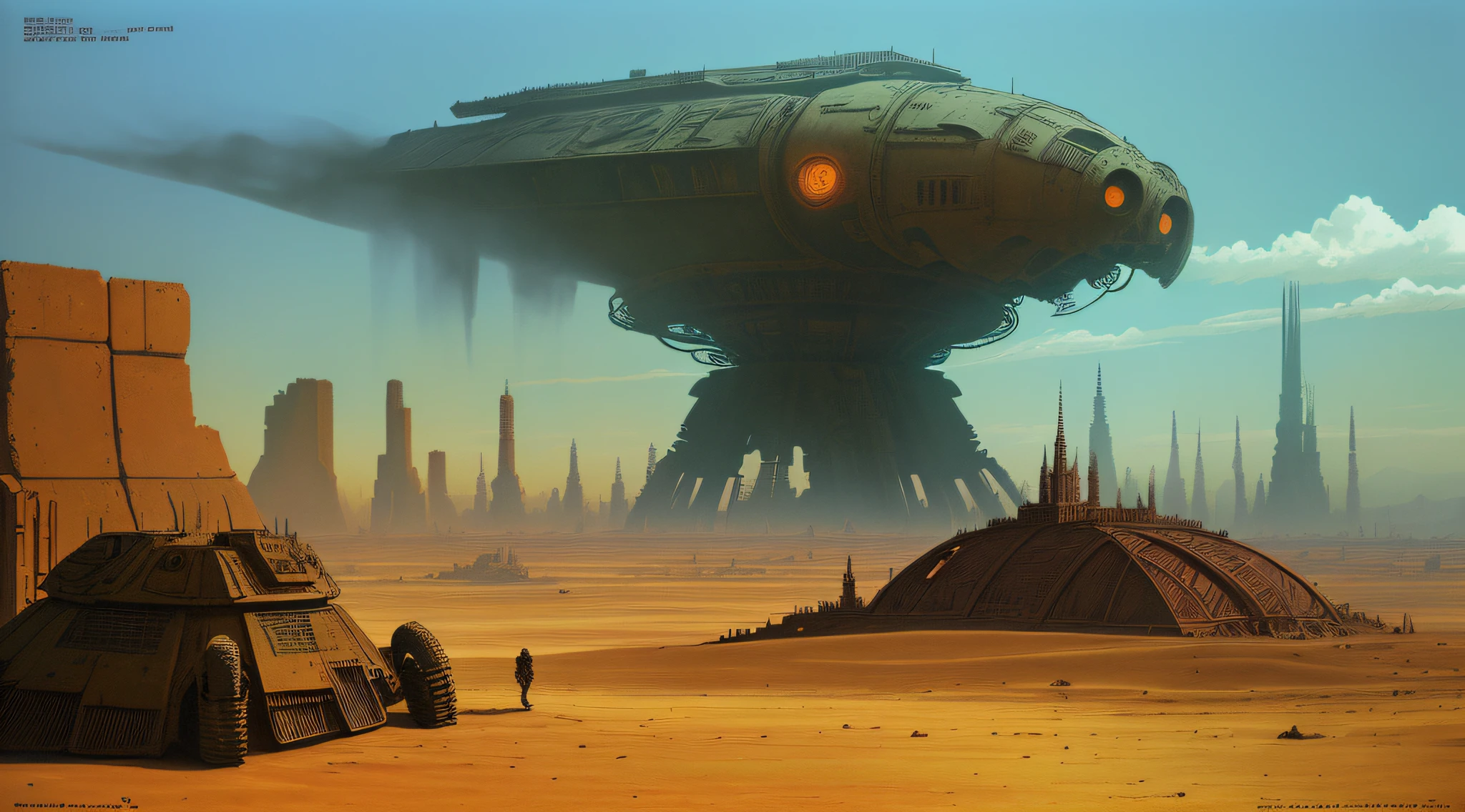 enki bilal,philippe druillet,moebius inspired french comics art "a vast desert filled with colossal, rusting machines of war, half-buried in the sand, a dying sun casting long shadows over the scene, adding to the eerie sense of a long-forgotten battlefield", the contrast in colors and textures should be distinct highly detailed,surreal,vibrant yet slightly desaturated