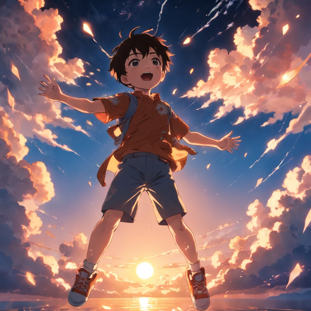 obra-prima, melhor qualidade, filme ainda, 1boy,  cloud, floating into the sky, close-up, brilhante, feliz, Soft lighting and Warm, sun sunset, (Sparks: 0,7)