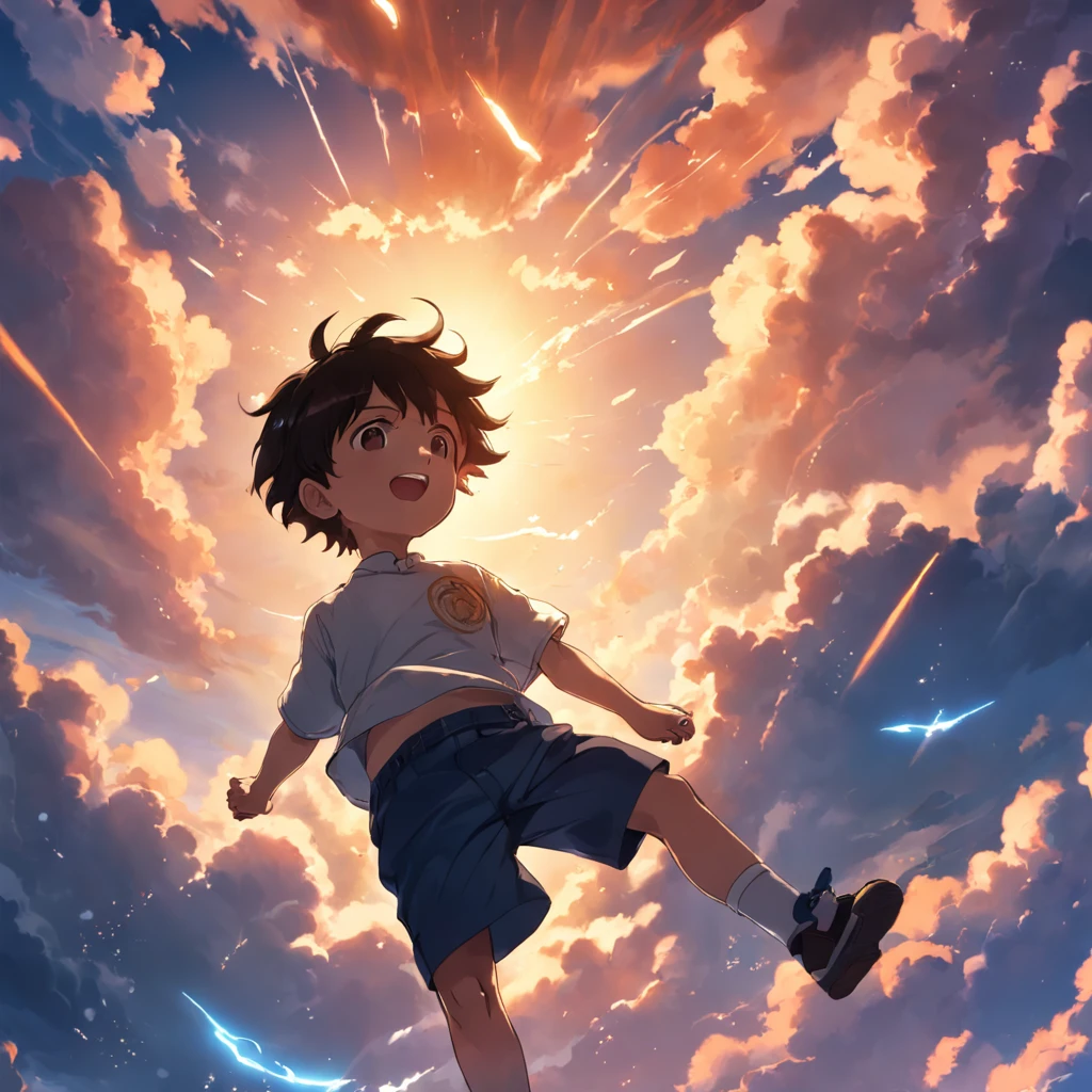 obra-prima, melhor qualidade, filme ainda, 1boy,  cloud, floating into the sky, close-up, brilhante, feliz, Soft lighting and Warm, sun sunset, (Sparks: 0,7)