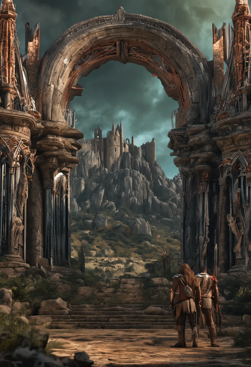 Batalha de elfos armados com arco e flechas, realista, detalhado, vestes antigas, cabelos loiros resplandecentes.